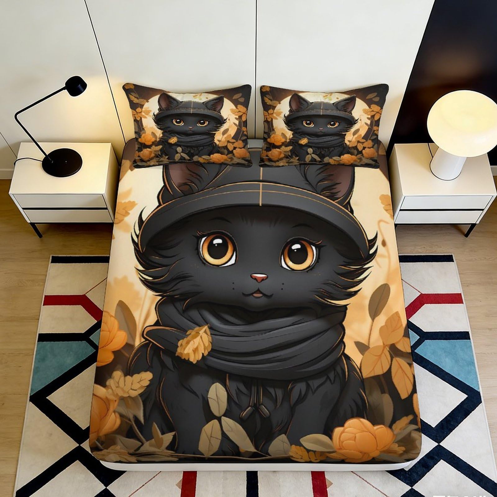 3D Printed Black Cat Hoodie Fitted Sheet Microfiber Autumn Leaves Bed Cover for Bedroom Guest Room Decor 90x200x25cm