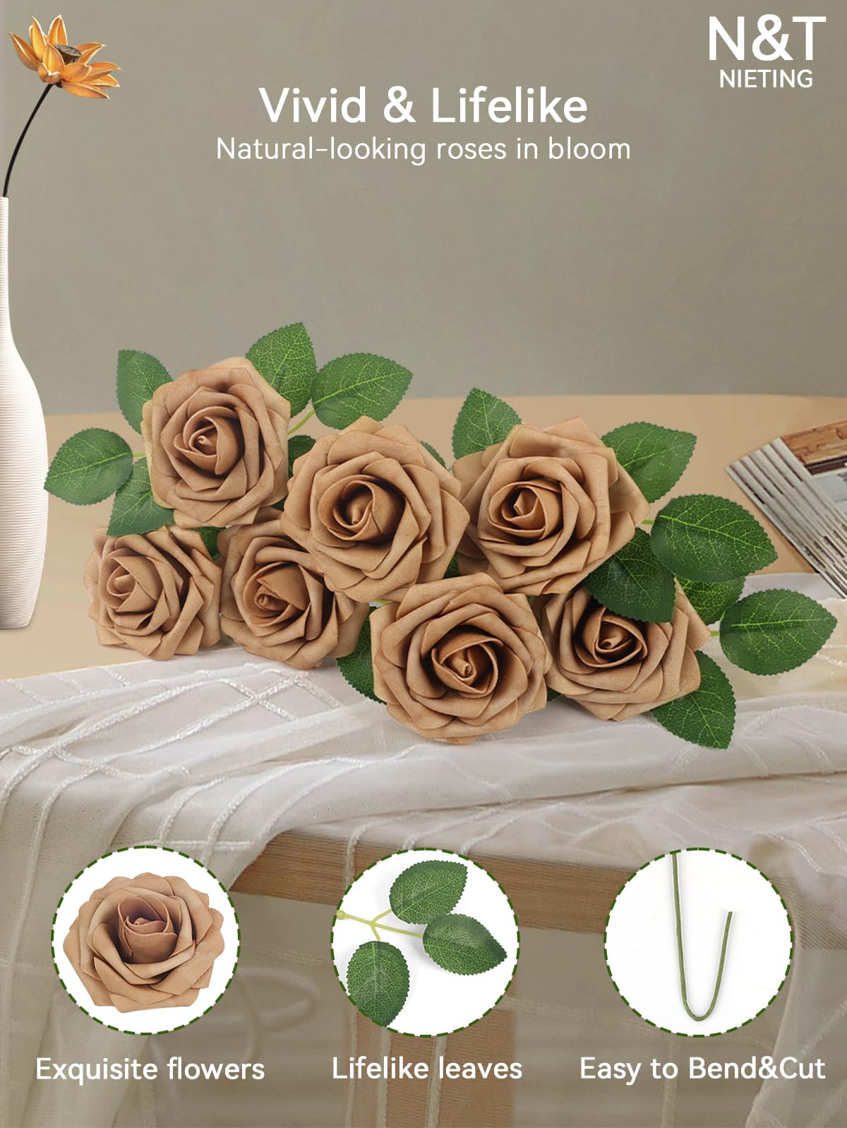 N&T NIETING Lot De 25 Roses Artificielles Avec Tiges Pour