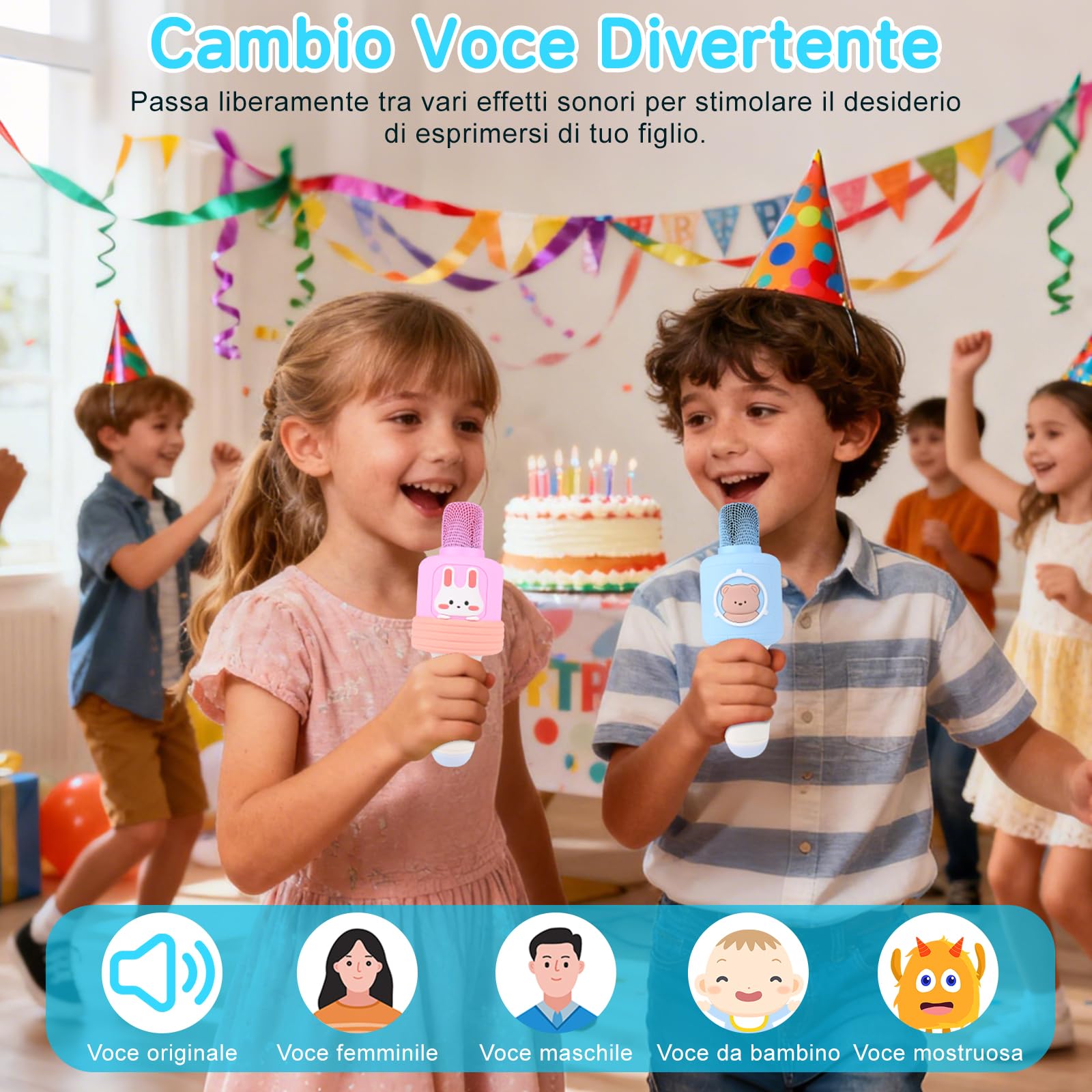 ZWOOS Microfono Karaoke Bambini Microfono Giocattolo Microfonos Wireless Bambini con Bluetooth, Effetti Cambio Voce e Luci LED 4-5 Ore Autonomia Microfonos per Bambinis 2 Anni per Party Famiglia, Blu