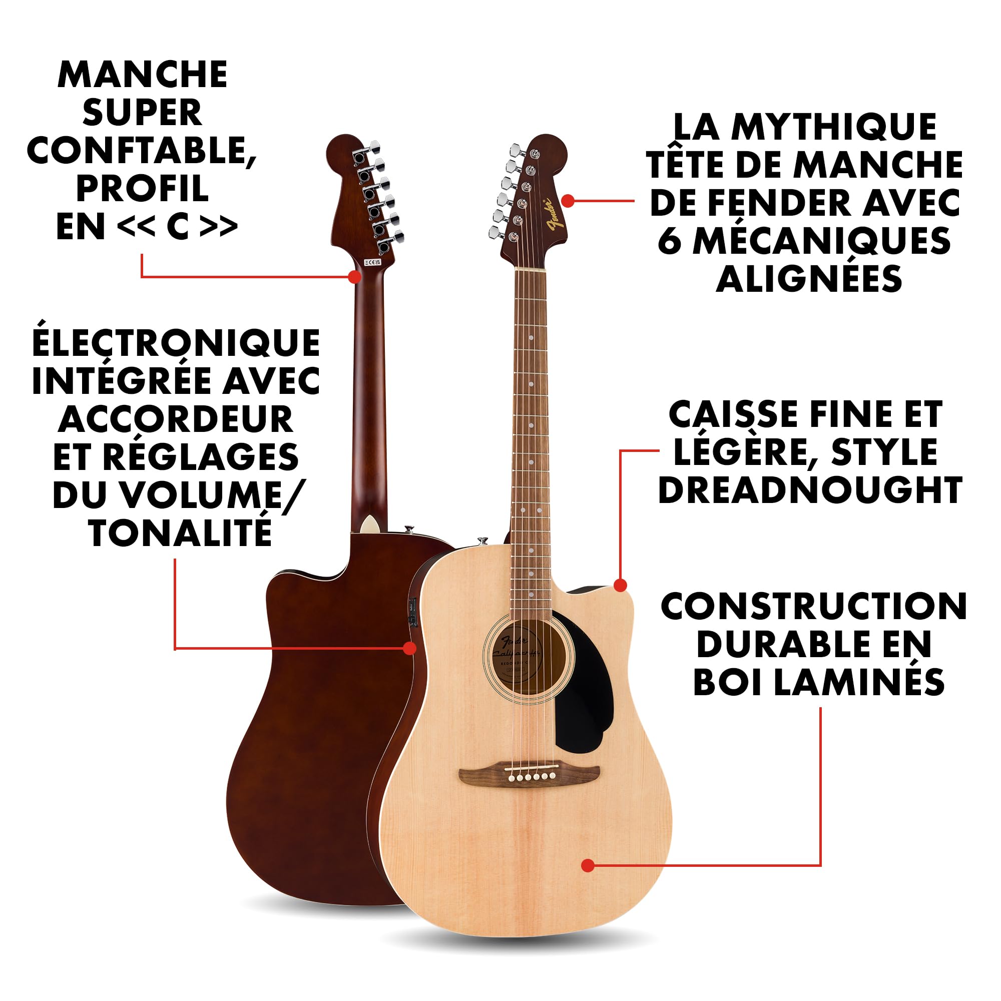 Fender CA Debut Redondo Dreadnought CE Guitare Acoustique Electrique pour Débutants, 2 Ans de Garantie, Inclut un Accordeur Intégré et des Commandes Volume et Tonalité Intégrées, Couleur Naturelle