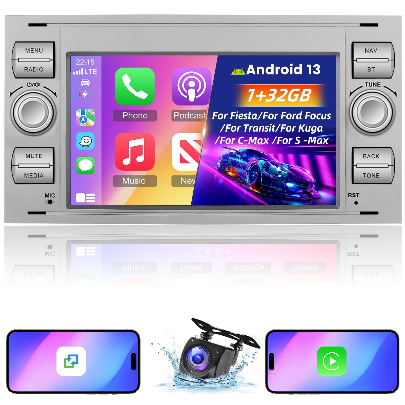 Autoradio Ford Autoradio Android 11 Ford Focus/S-Max/Kuga - 7" Carplay Android Auto Sans Fil + Caméra Autoradio Ford Avec Caméra Recul
