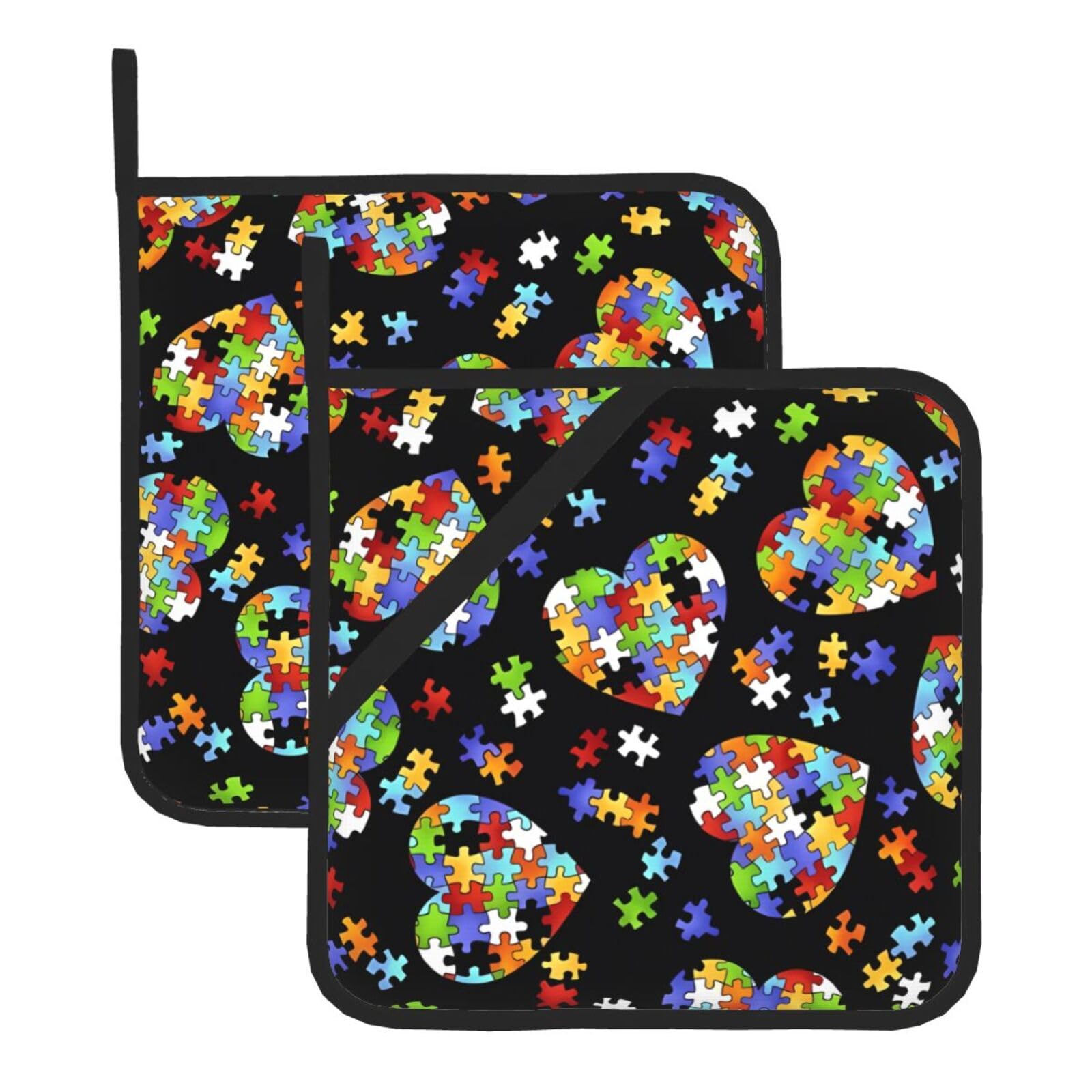 Whjssf Autism Awareness Puzzle Pieces Heart Prints Square Hot Pads For Kitchen - Waterproof Trivets, Durable Pot Covers With Hanging Loops - Set Of 2 (One With Pocket)
