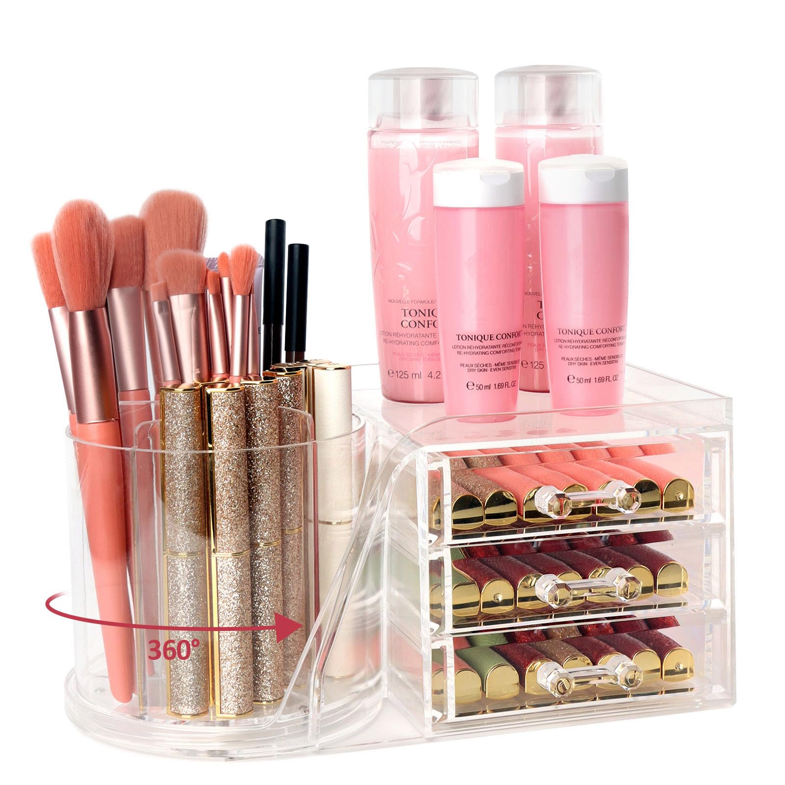 AUOIKK Clear Makeup Organizer with Drawers & Rotating Brush Holder - Large Capacity Cosmetic Display Cases Storage for Vanity, Countertop, Bathroom, Lipstick and Skincare Organization