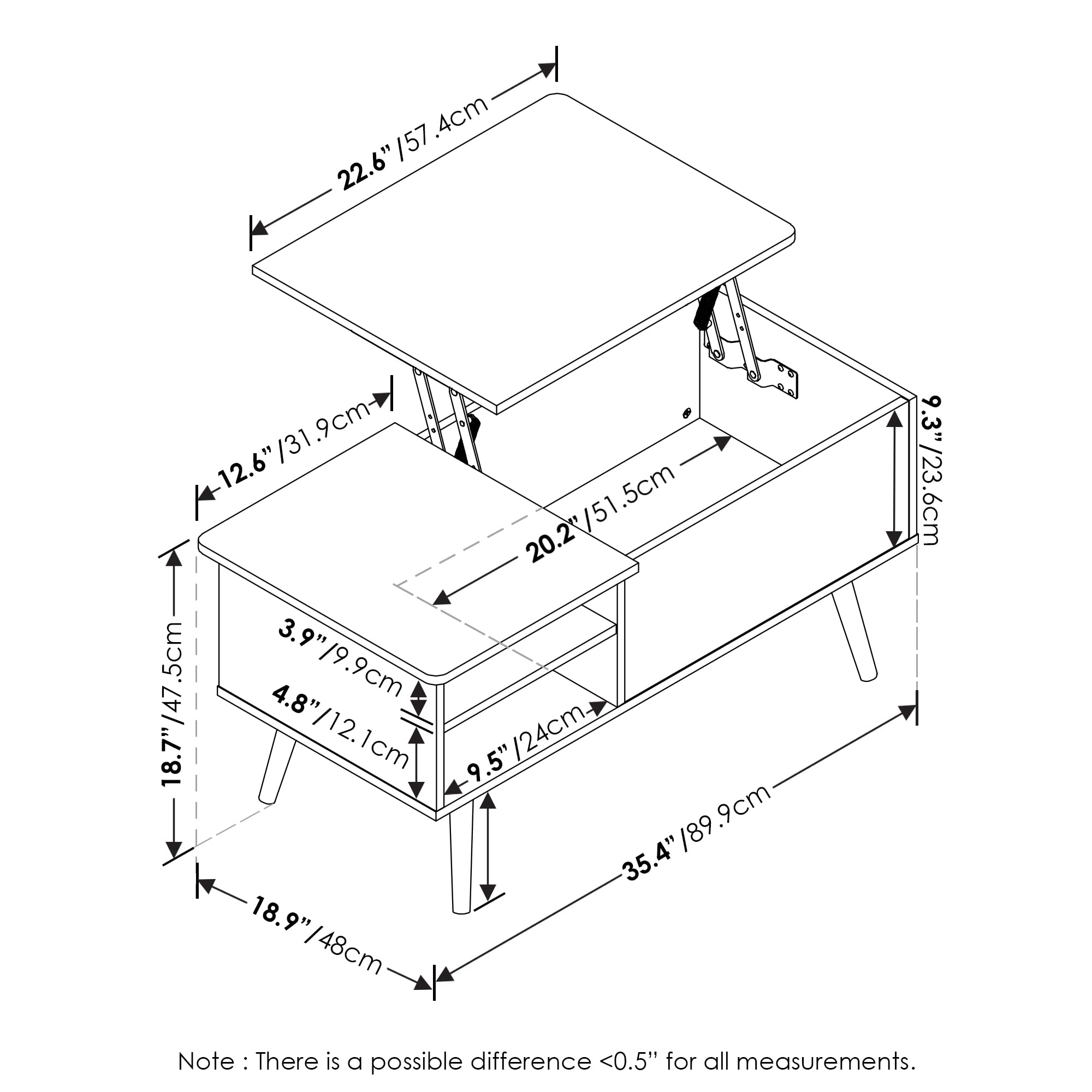 Furinno Mesa de Centro Jensen Lift Top con Patas de Madera, ingeniería, Gris Roble Francés, 48.01 (D) x 89.99 (W) x 47.60 (H) cm