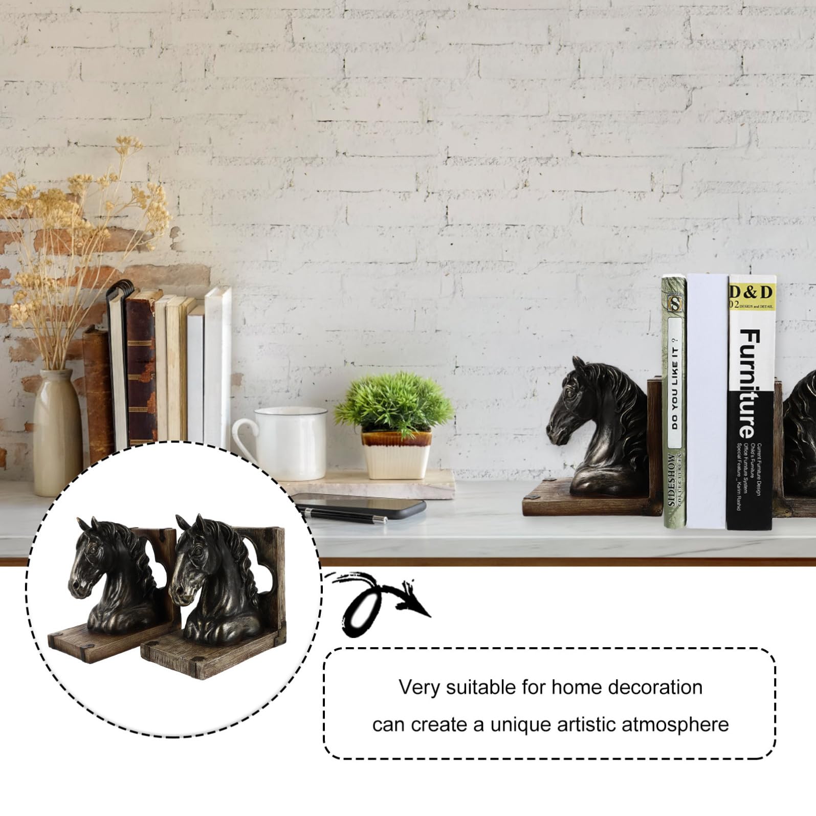Ferma Libri Testa di Cavallo in Resina Stile Retrò 1 Paio | Lavorazione Fine, Finitura Levigata, per Ufficio e Studio, Elemento D’arredo per Mensole e Scrivanie
