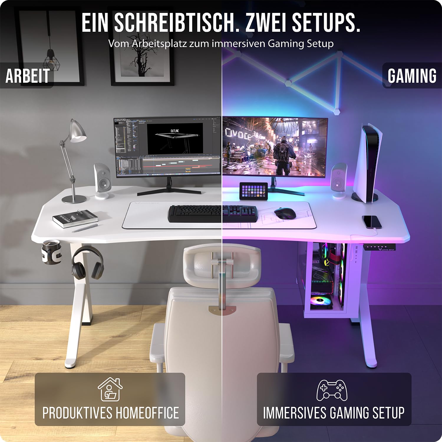 Schreibtisch höhenverstellbar 140x70 elektrisch Weiß | Gaming Tisch | Massive Standstabilität · 4-Höhen speicherbar · Massive MDF-Platte · Elektrisch stufenlos verstellbar