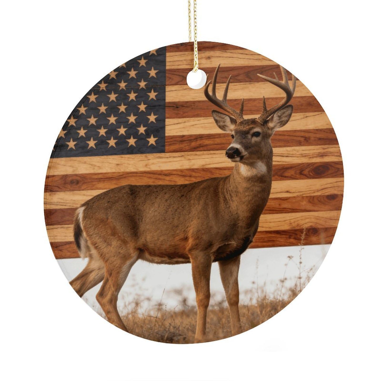 Fodpand Women's Style Wood Grain American Flag Hunting Deer Ceramic Christmas Ornament,Wall Hanging Decor Windows Hanging Decor Best Friend Birthday Gifts, Friendship Gifts Car Hanging Ornament Gift For Girls, Teach