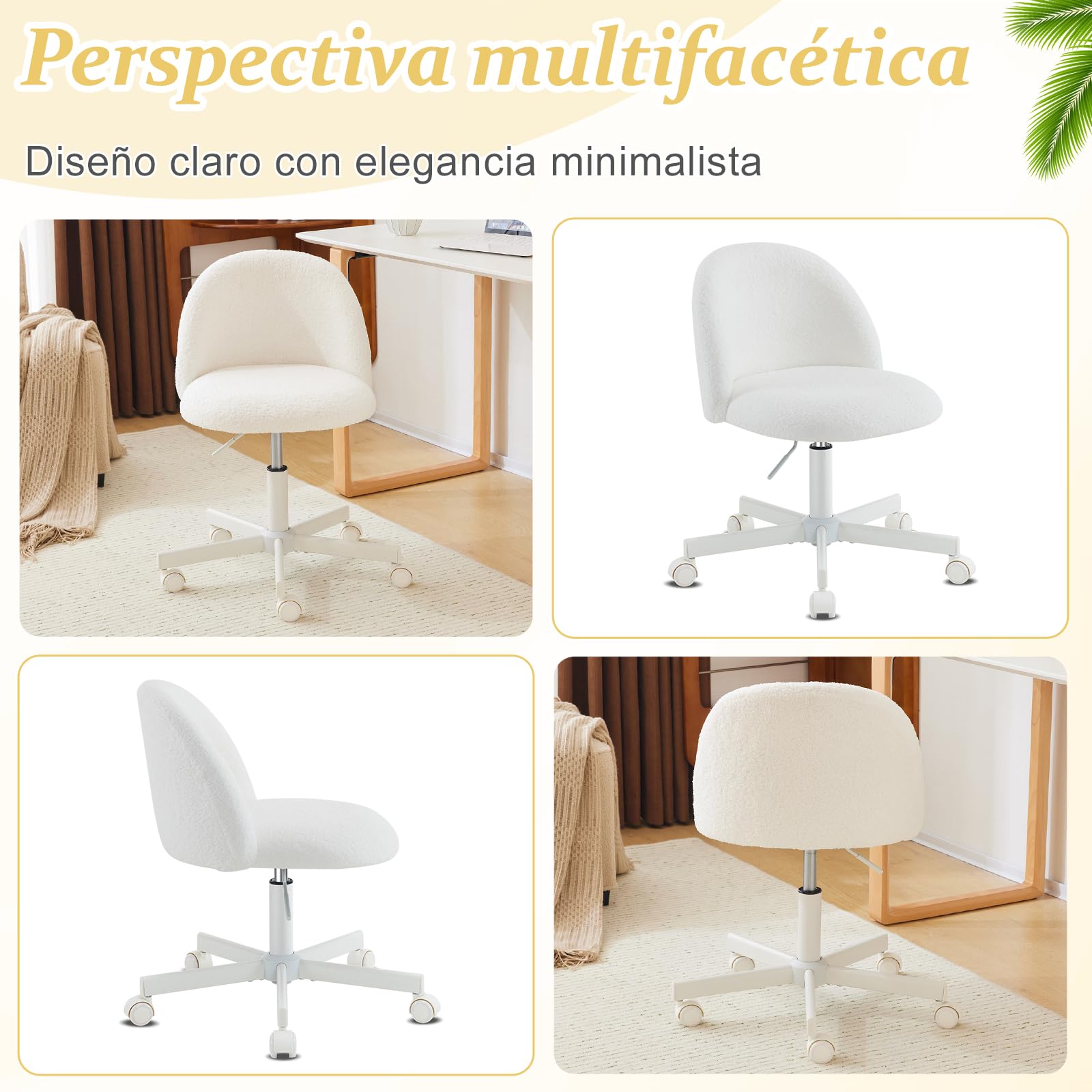 Silla de Escritorio, Silla Tocador, Oficina y Tocador, con Ruedas, Altura Regulable, Silla Compacta para Estudio, Dormitorio, Oficina en Casa, Tejido Teddy (Blanco)