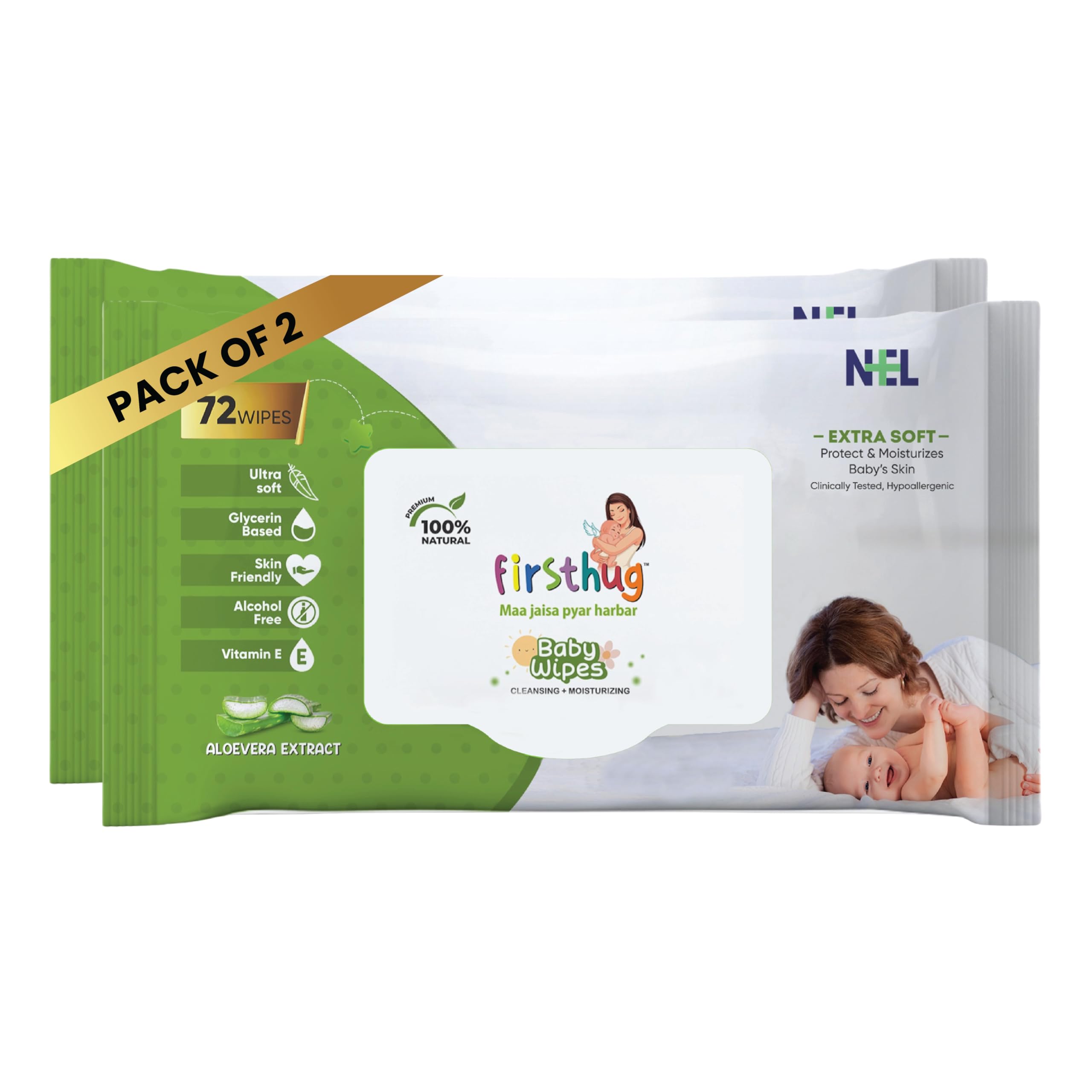 FIRSTHUG Baby Wipes without Lid, 72 pcs each, Pack of 2 | 98% Water-Based, Enriched with Aloe Vera & Vitamin E, Extra Thick & Tear-Resistant, Mild Fragrance, Skin-Friendly for Newborns & Infants-image-37