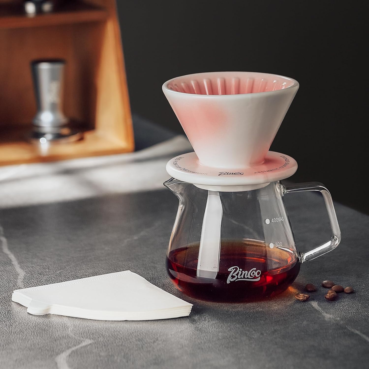 Bincoo Ceramic Coffee Dripper Vertical Lines,Pour Over Coffee Maker Size 01,Manual Pour Over Brew Maker,Single Cups Slow Brewing Accessories (Pink)