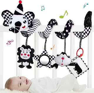Car Seat Toys for Baby, Spiral Stroller Toy Black and White Baby Toys 0-3 Months Plush Car Seat Toy with Hanging Toys Rattle Mirror Squeaker, Car Seat Toys for Stroller Crib Bar Bassinet-Elephant