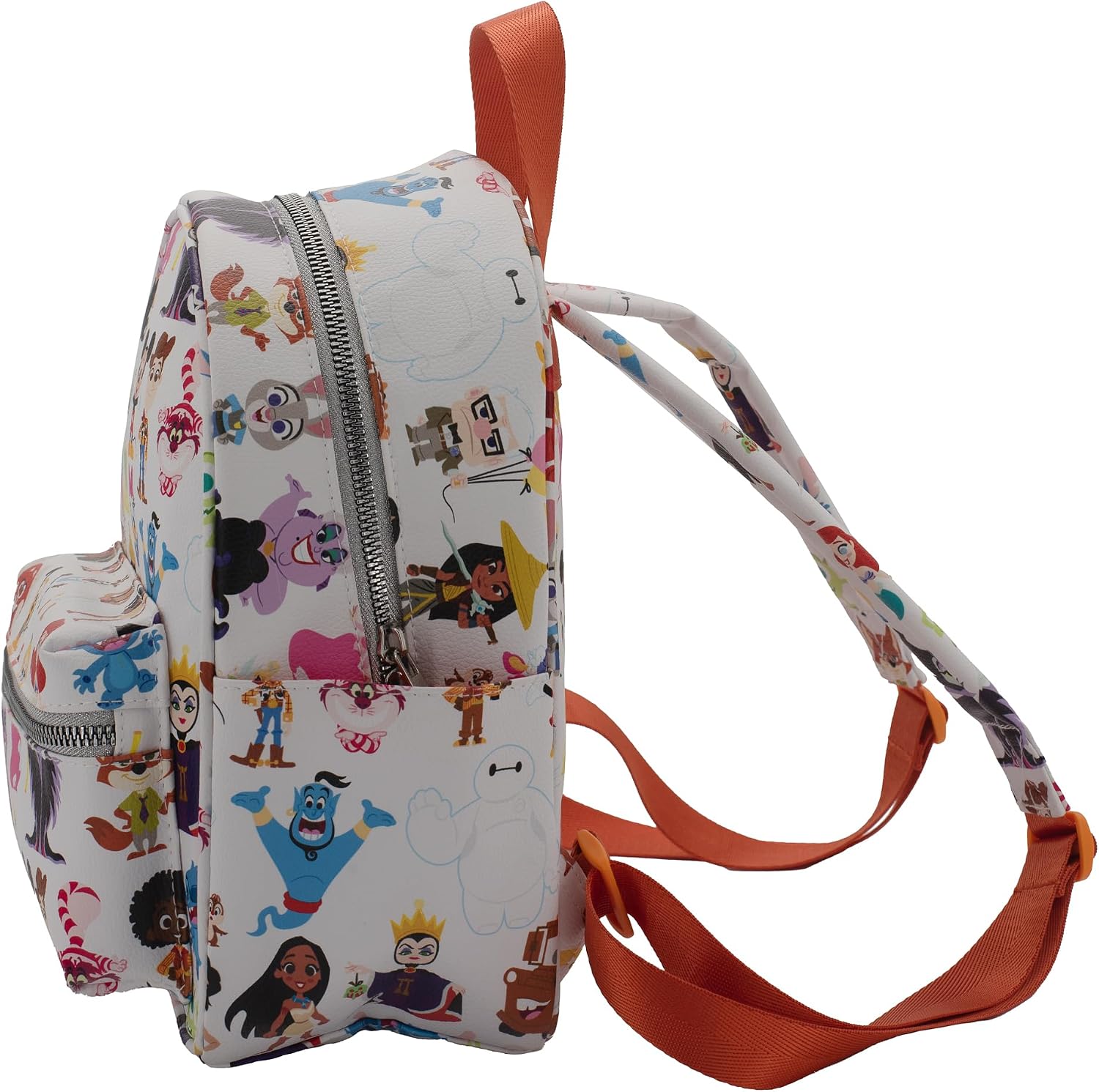 Disney 100 Mini Backpack Purse with Multi Character Allover Print & Molded Metal Logo Charm, 10.5 Inch, Adjustable Straps, Faux Leather