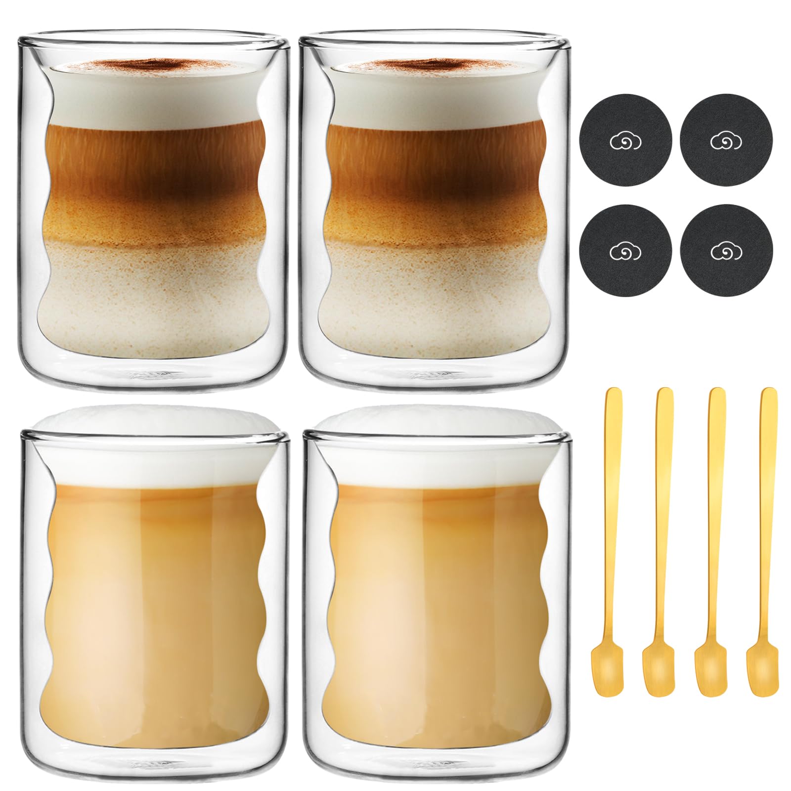 RHtvrll Doppelwandige Gläser mit Löffel + Untersetzer, 200ml Latte Macchiato Gläser Spiralförmig Kaffeegläser Cappuccino Kaffeebecher Espressotassen für Tee, Milch, Eiscreme, Saft (200ml) Küche, Haushalt & Wohnen