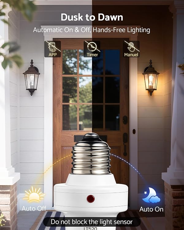 otnofok Light Sensor Socket, E26/E27 Light Bulb Socket, Automatic Dusk to Dawn Photocell Sensor with 300° Adjustable Angle for Outdoor Lighting in Porch, Garage, and Wall Lights, White, 4 Pack by otnofok - Image 2