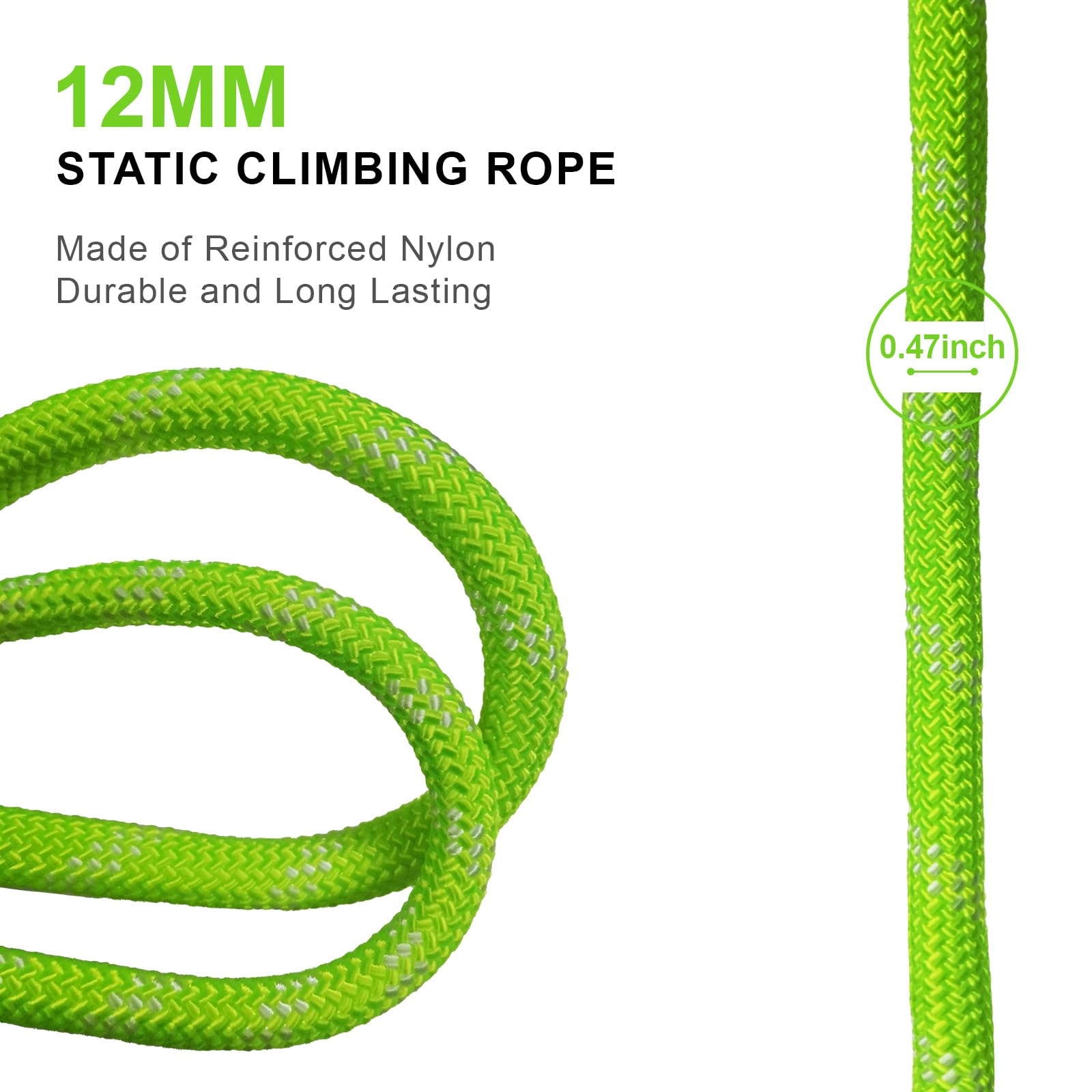 60m Statyczna Lina Wspinaczkowa 12mm Z 2 Karabinkami, UIAA | Wysokiej Wytrzymałości Nylon，Odporna na Ścieranie，Fluorescencyjna zielona，Idealna do wspinaczki, ratownictwa i campingu