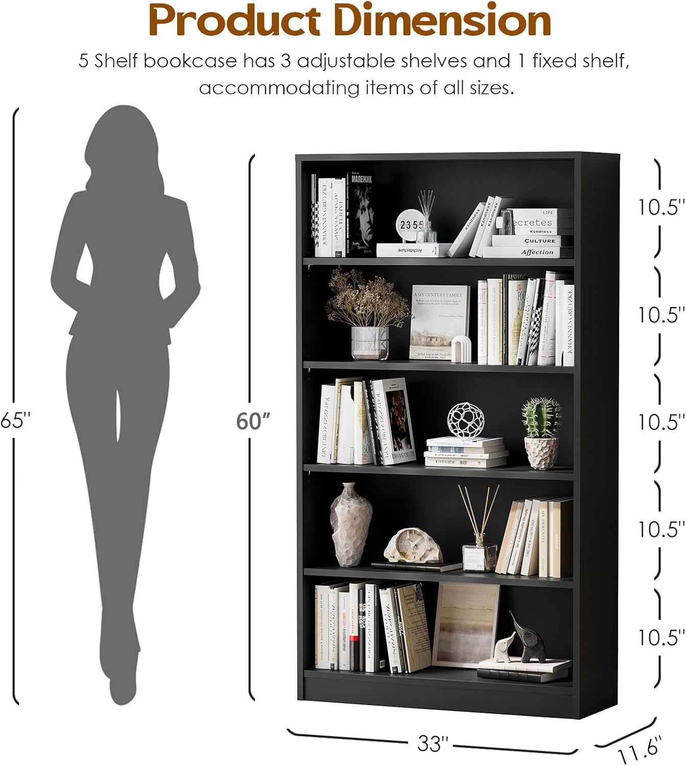 Soohow 5 Shelf Bookcase,60 Inch Wood Tall Bookshelves for Living Room,Black