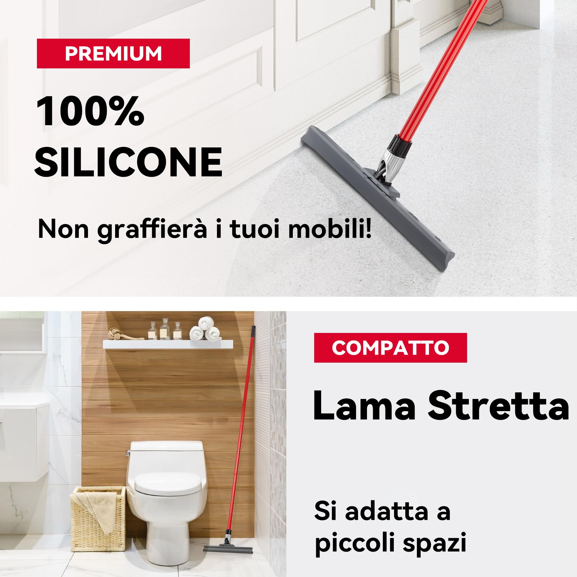 Tyroler Spingere e Tirare Tira Acqua Pavimenti esterno da 44 cm | Testa in Silicone 100% | Manico Antiruggine da 140cm tergipavimento spingiacqua | tiraacqua pavimenti esterni | tiracqua per pavimento