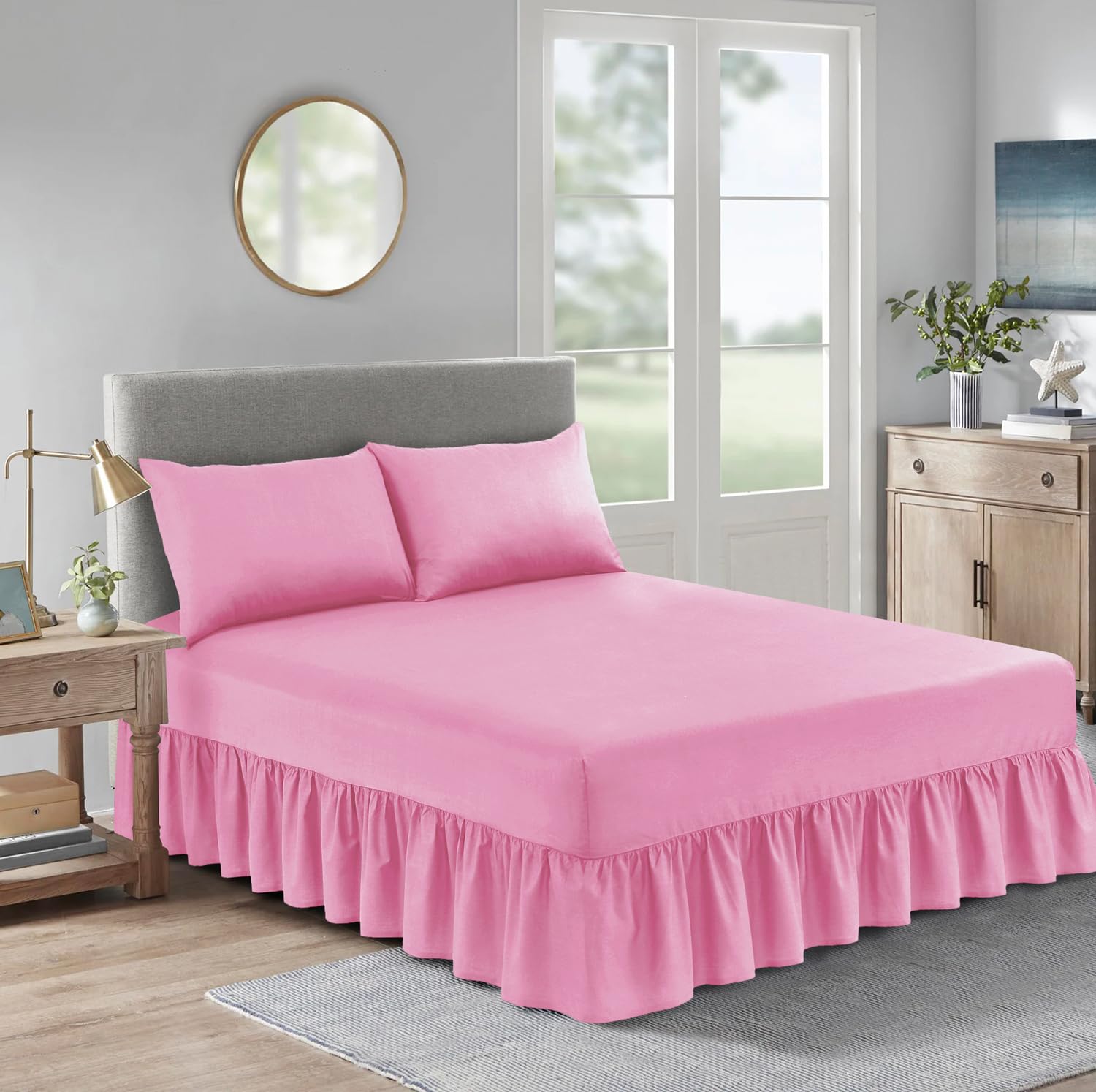 BOSKI LONDON Polycotton Valance Sheet | Deep Fitted Valance Bed Skirt with Pleated Design | Soft Breathable Non-Iron Valance Fitted Sheet Single Double King (BABY PINK, DOUBLE(190 X 137 cm))