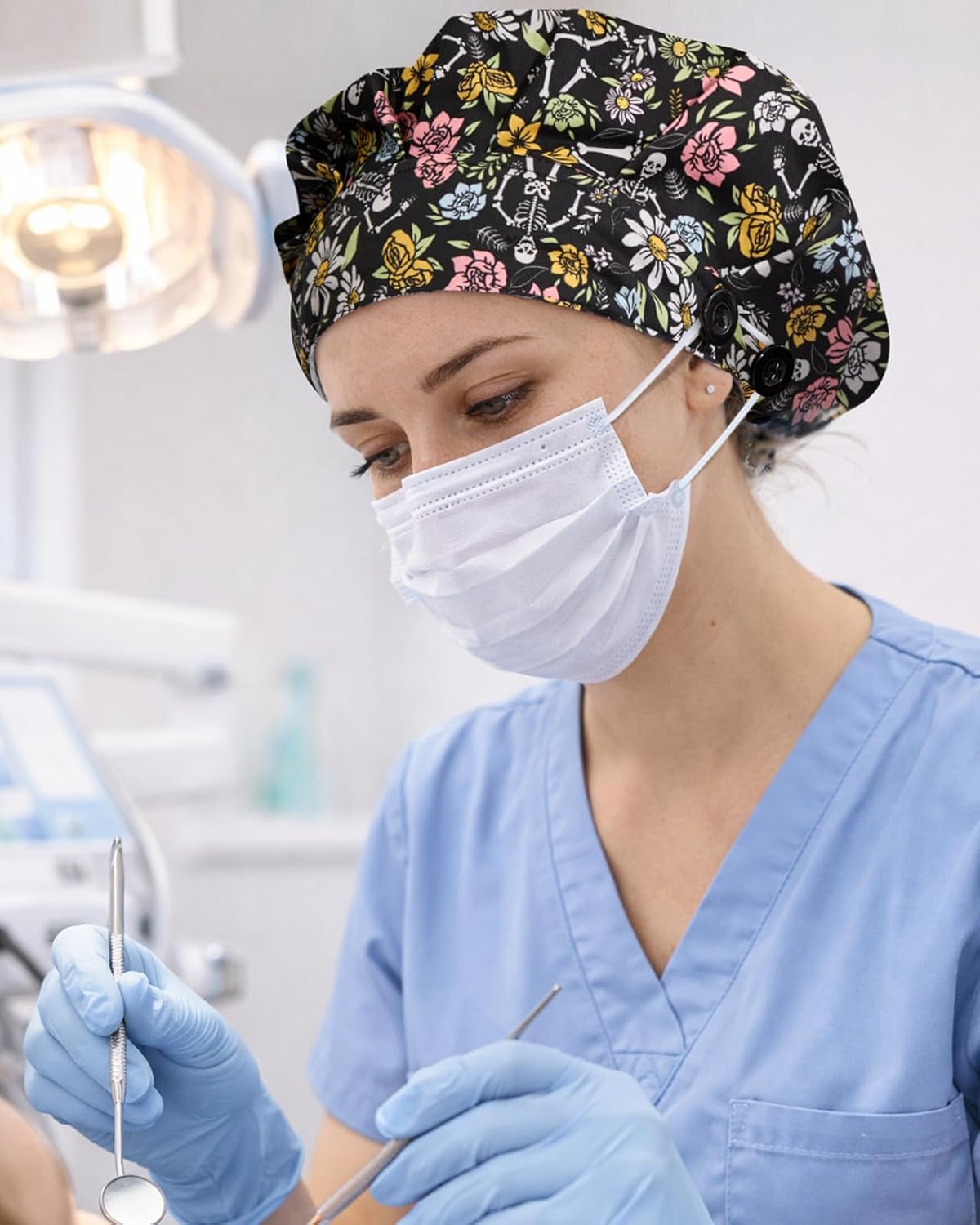 Plifal Satin Lined Bouffant Scrub Cap with Buttons-Adjustable 100% Cotton Nurse Hat with Sweatband and 2 Scrunchies - Image 6