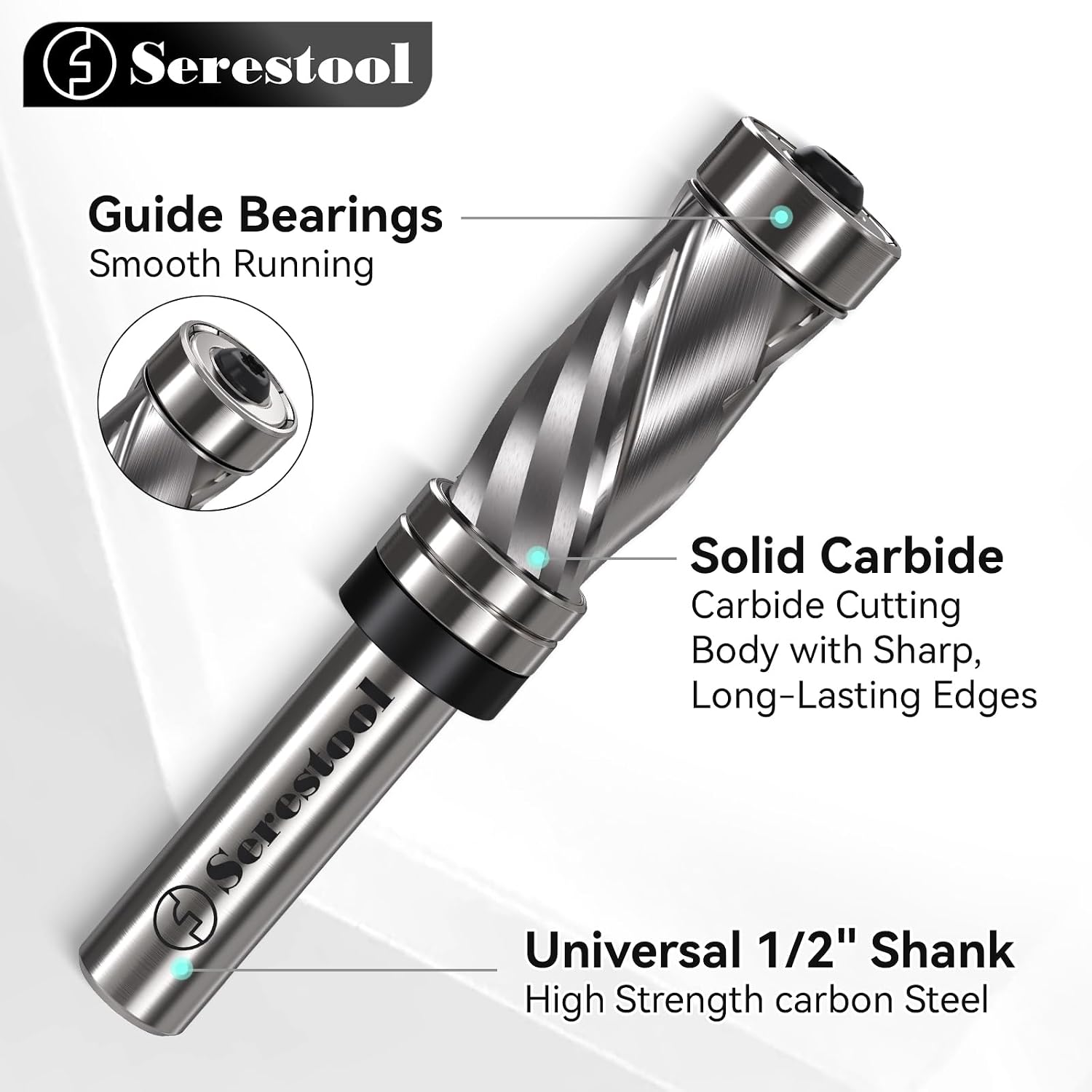Top and Bottom Bearing Flush Trim Router Bit 1/2 Shank, 3/4" Cutting Diameter, 1-3/16" Cutting Length, Up&Down Compression Cut, Carbide Spiral Pattern Template Bit for Wood Trimming