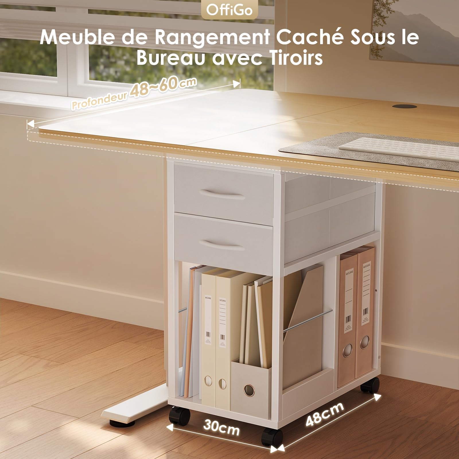OffiGo Caisson Bureau avec roulettes, Meuble Bureau 2 Tiroirs, Blanc