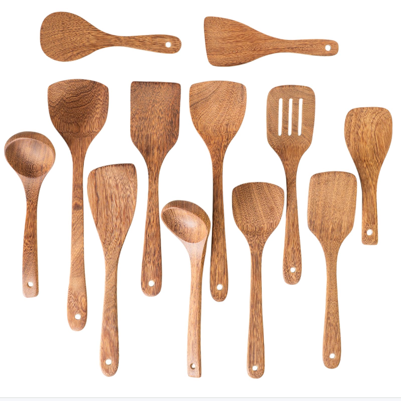Juego de utensilios de cocina de madera wengué de primera calidad, espátula de madera antiadherente con mango largo, volteador para saltear, cucharón para sopa y cuchara para arroz.