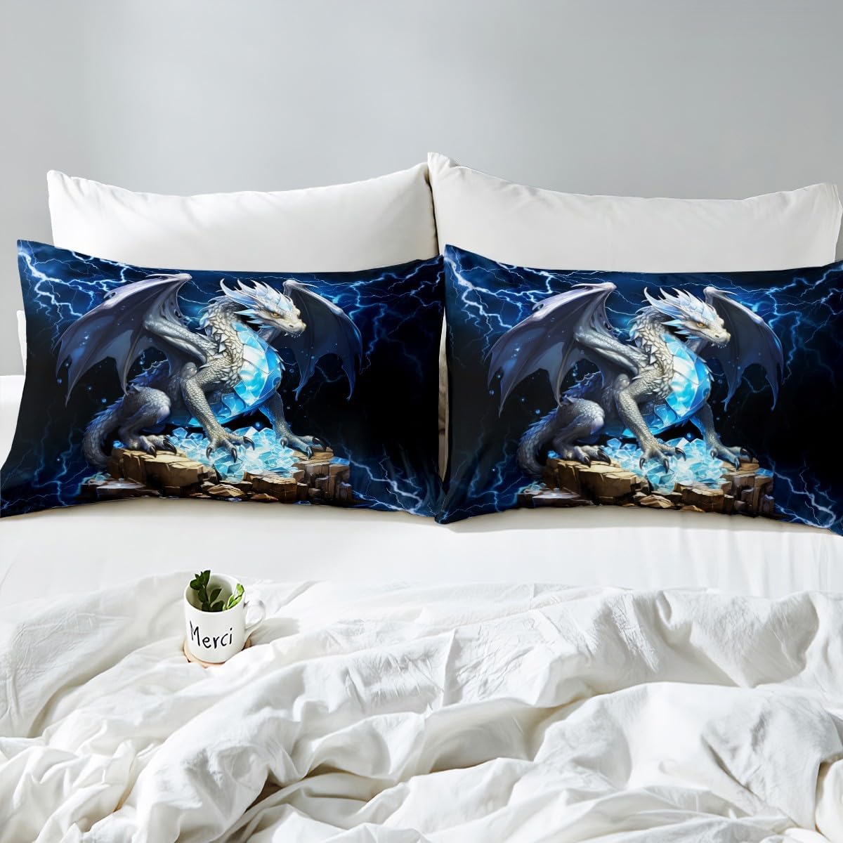 Blue Cool Dragon Duvet Cover Queen Size,Diamonds and Gold Comforter Cover with 2 Pillowcase for Teens,Kids Lightning Bedding Set,Flying Dragon Breathable 3 Pcs Decorative Bed Cover(No Comforter) - Image 5