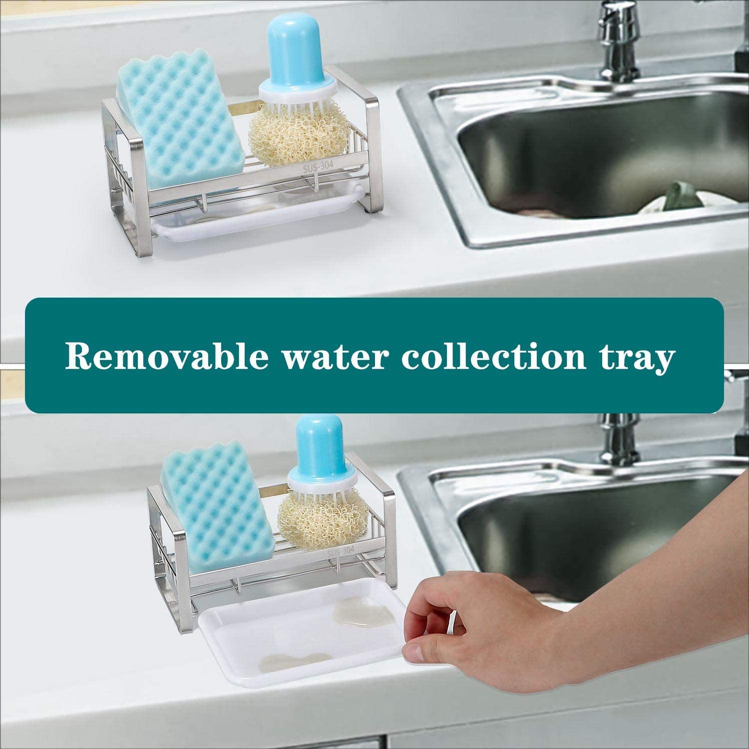 Zeinwap Stainless Steel Sponge Holder for Kitchen Sink Caddy Organizer Countertops and Walls Soap Tray Dish Drainer with Detachable Dish Drainer Tray(Silver,1 Pc) 1