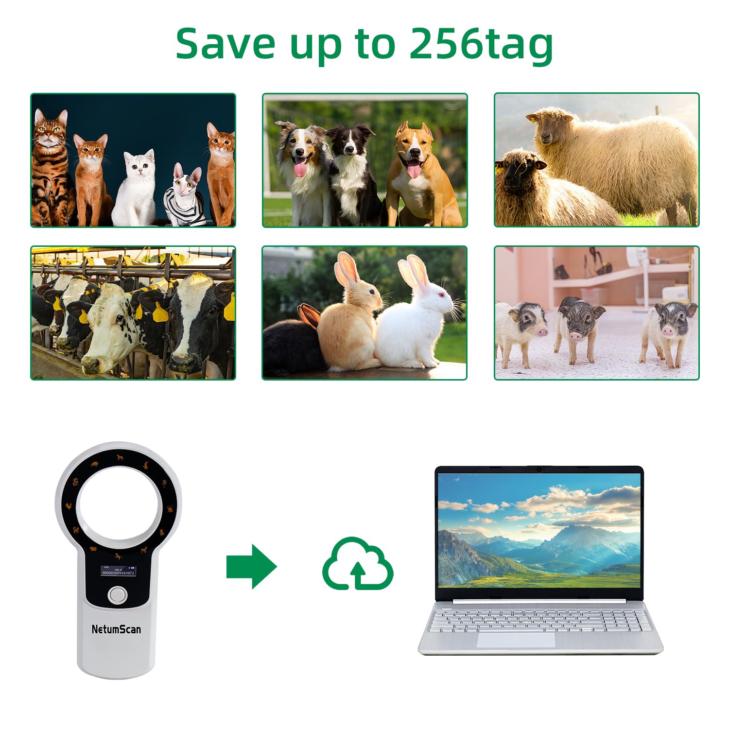 NetumScan Lettore di microchip per animali domestici aggiornato,256 dati memorizzati Scanner portatile ricaricabile per etichette identificative di animali domestici per FDX-B e ID64 RFID EMID DJ-260C