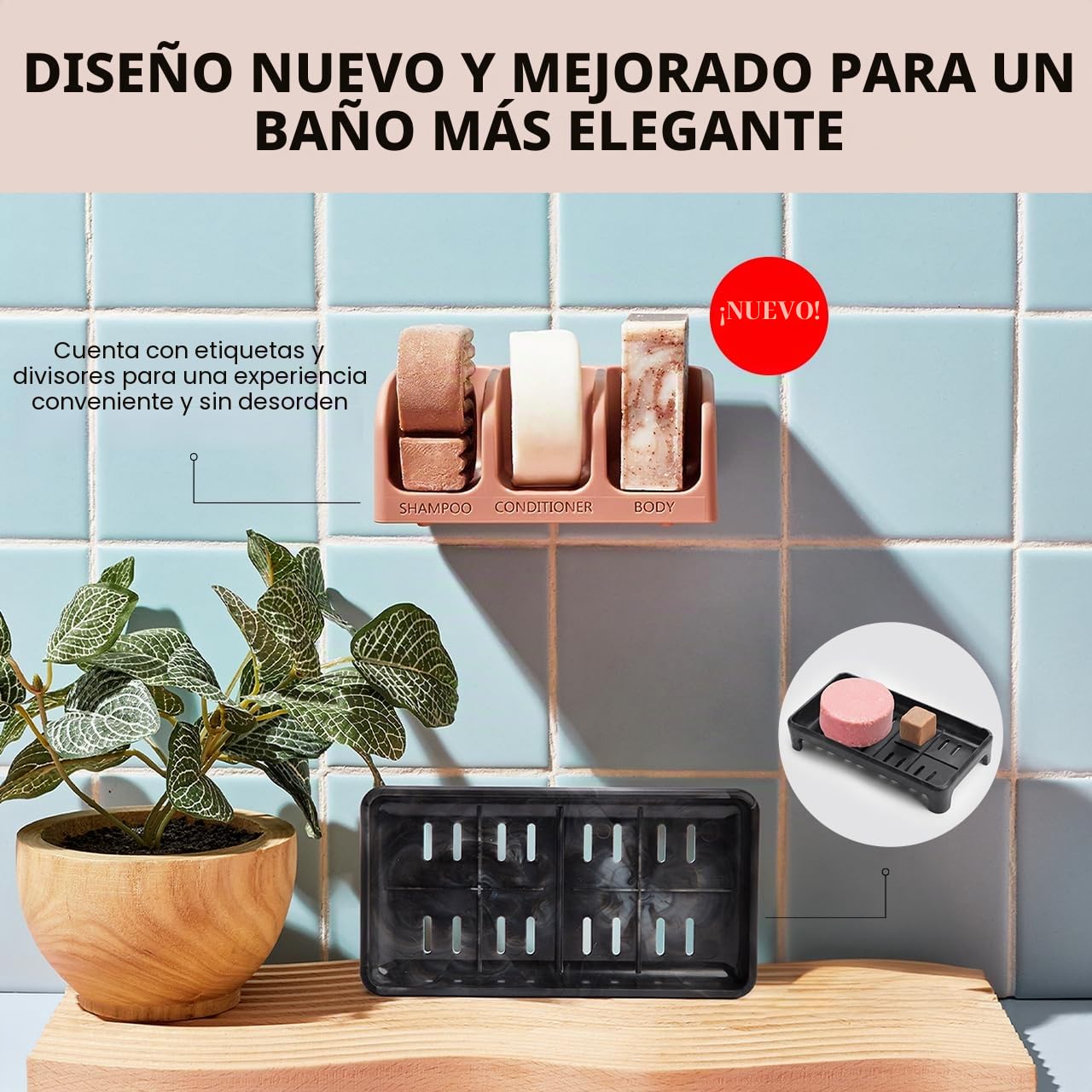 Kitsch Jabonera autodrenante para ducha, soporte de plástico reciclado para champú, acondicionador y barras de lavado corporal, elegante soporte de jabón de ducha para 3 barras con ventosas extraíbles