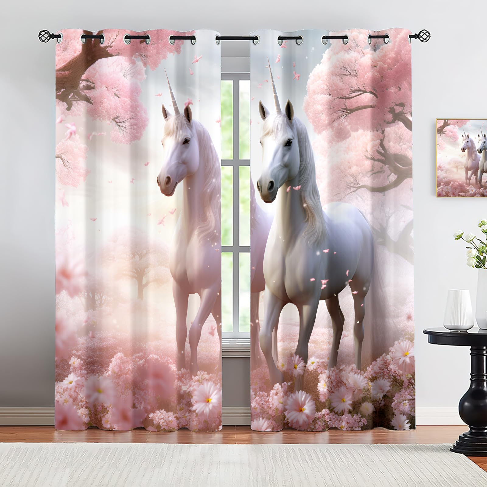 HYGIUID Cherry Blossoms Flower Horse Small Window Curtains, Pink Floral Animal Short Curtains for Windows Kitchen Window Curtains over Sink for Kitchen Laundry Room Loft, 28" x 54.3", 2 Panels