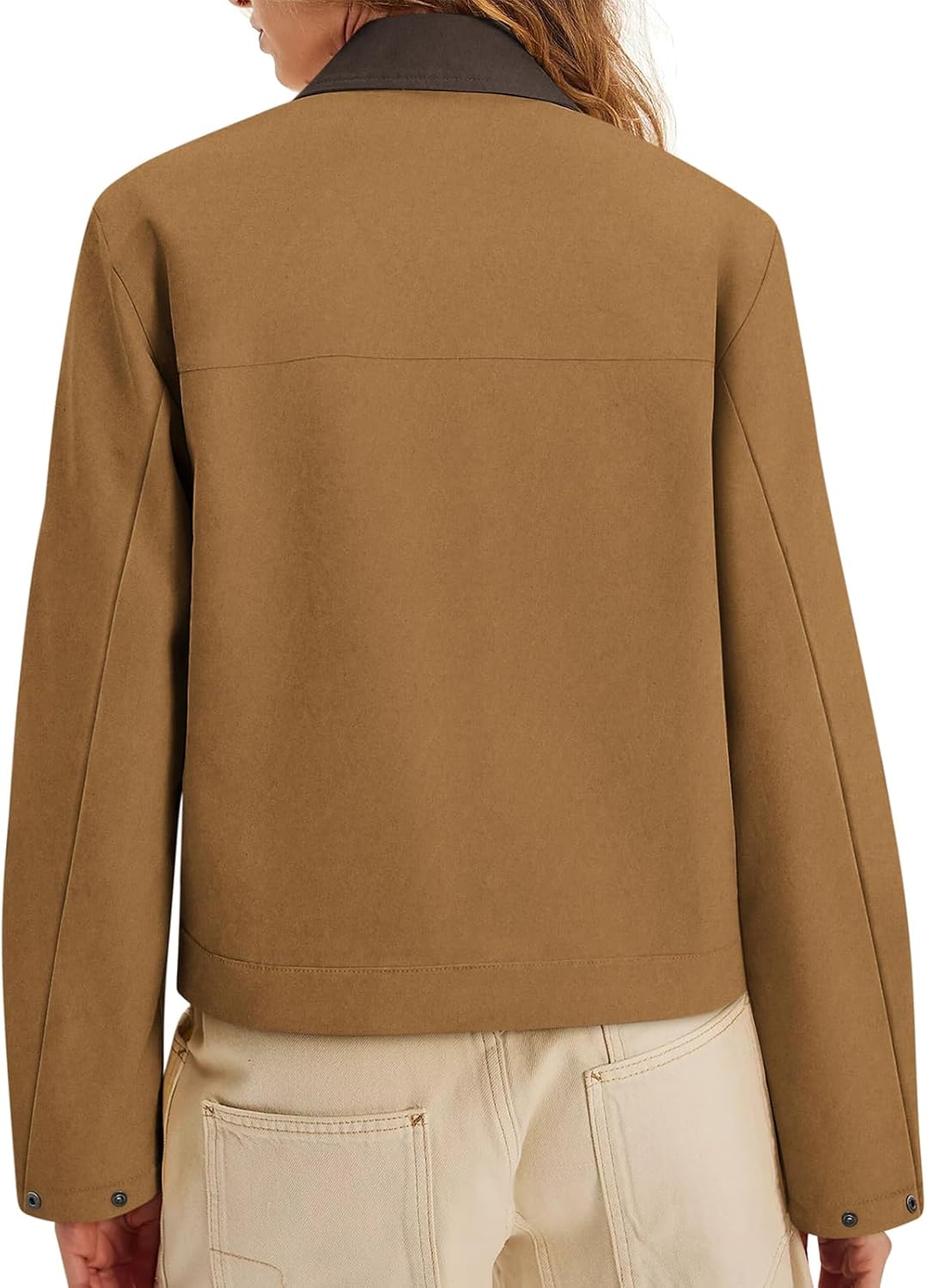 COCCKO Women's Faux Suede Cropped Jacket Casual Zip Up Jackets Contrast Collar Fleece Winter Coats Outerwear with Pockets - Image 3