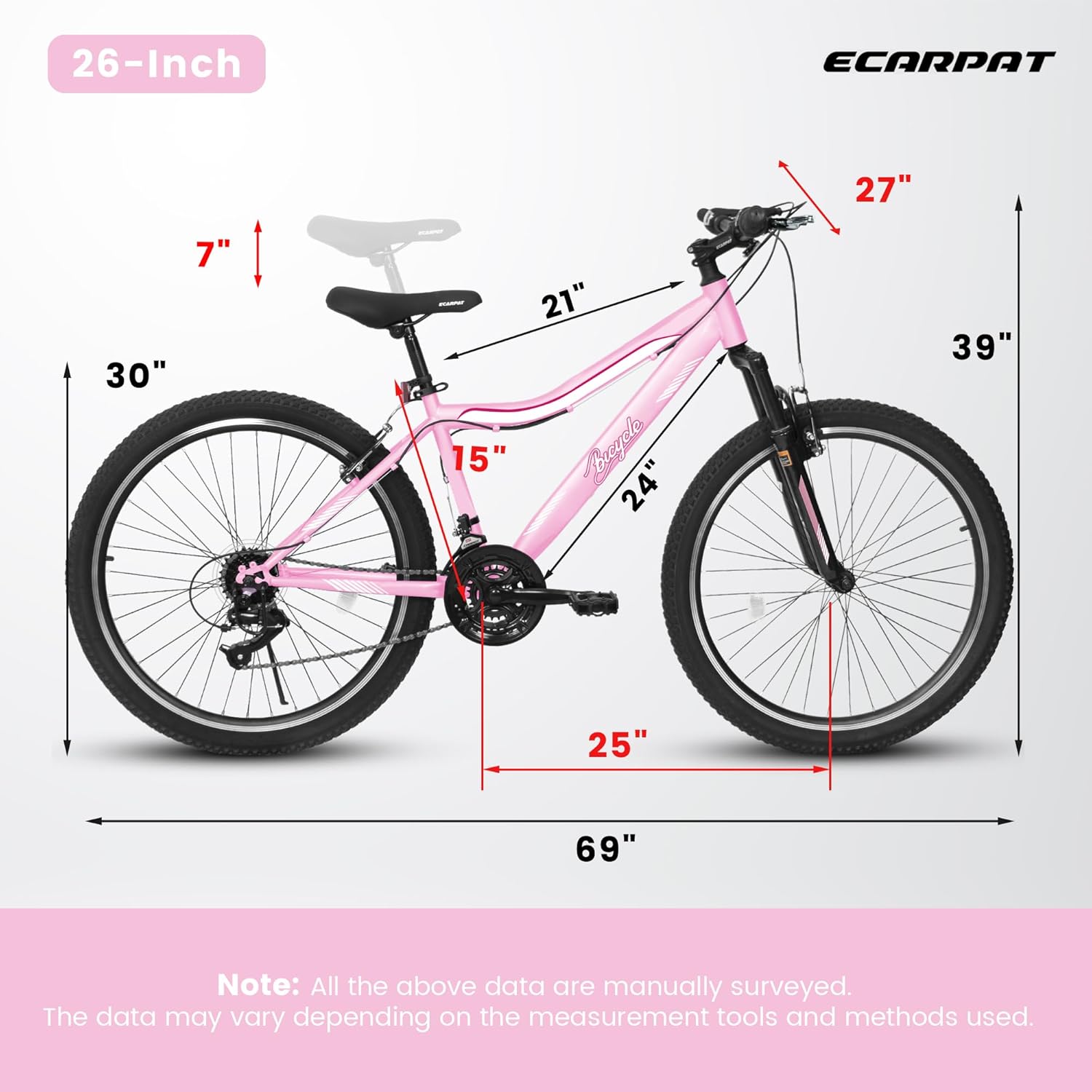 Mountain Bike 26 Inch, High-Density Carbon Steel Frame, 21 Speed, Front Suspension, Dual V-Brakes, 80% Pre-Assembled for Men Women Teens (Pink, 26 Inch)