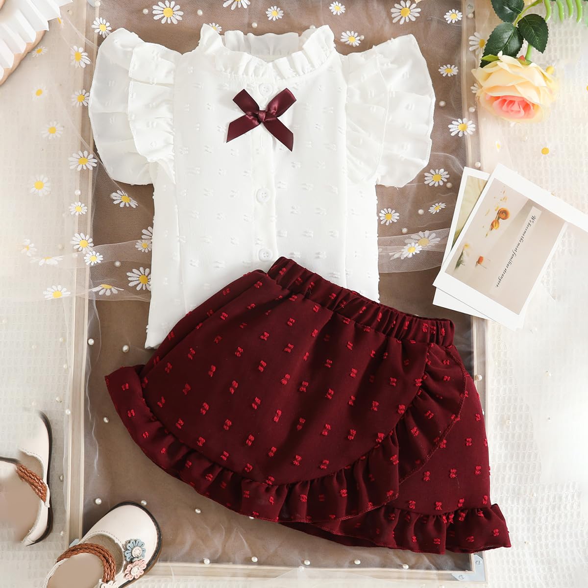 Baby Mädchen Rock Set Rüschen Ärmellose Bluse mit Schleife & Eleganter Schweizer Punkten Rock 2Pcs Sommer Outfit Kleidung