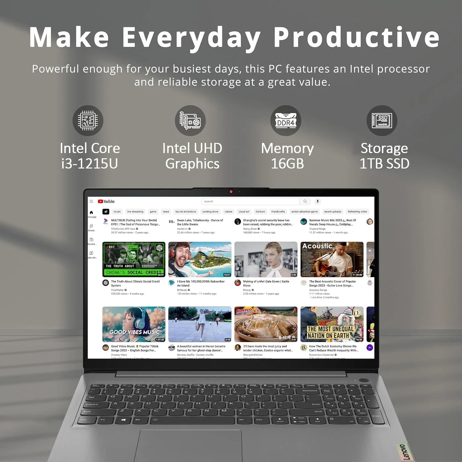Lenovo, Pc Portatile Notebook, Full HD 15,6, Intel i3-1215U, 8GB Ram DDR4, 256GB Ssd NVMe, Windows 10 Pro