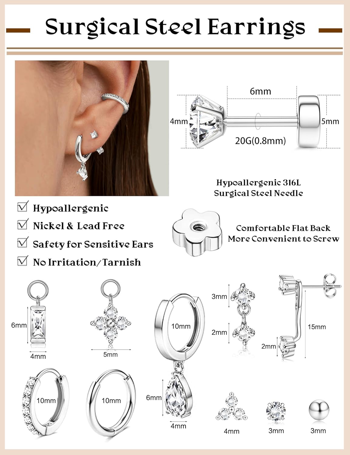 20pcs Hypoallergenic Flat Back Stud Earrings - 14K Gold Plated Surgical Stainless Steel Hoop Cartilage Earrings for Women with CZ Charm Earring Stacks Helix Conch Tragus Earring Sets for Multiple Piercing Jewelry - Image 3