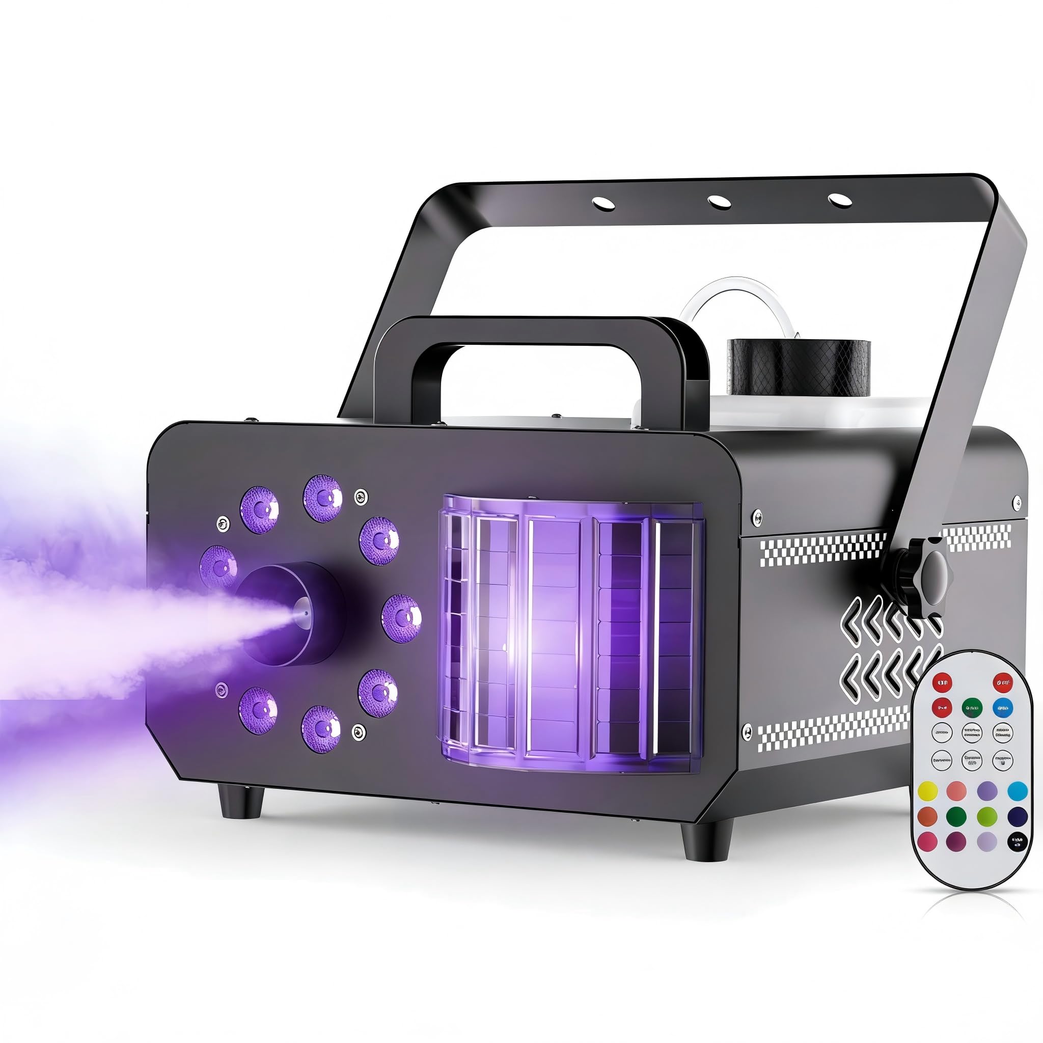Machine à brouillard 1200 W avec 9 lumières LED RVB, machine à fumée professionnelle de 1200 W, réservoir de 1 L, sortie 3000 CFM, 14 couleurs pour DJ, fête, mariage, Halloween