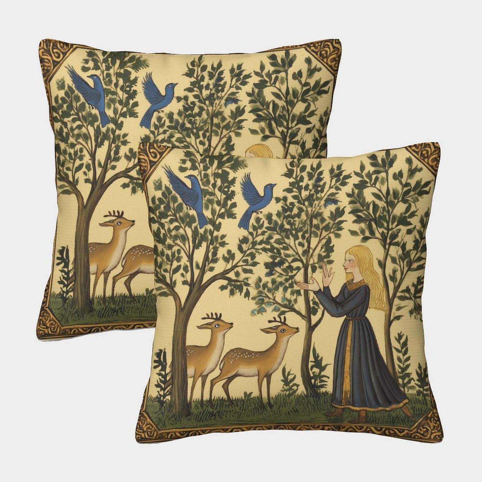 kaiyun 2 Pack 3D Medieval Style Theme Square Cushion Cover Decoration Beautiful Woman with Deer Pillow Cover Suitable for Home Sofa Bedroom Living Room 45x45cm