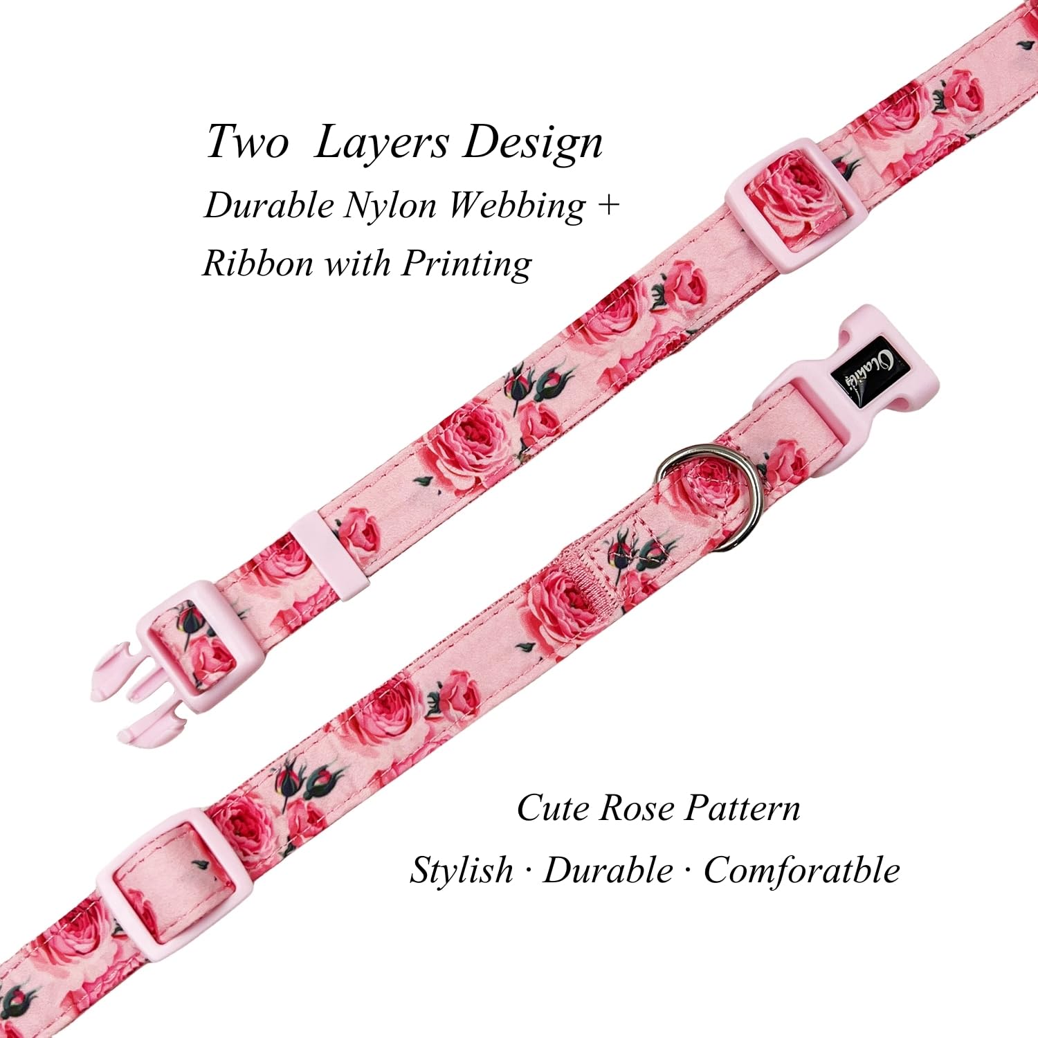 Olahibi Basic Dog Collar, Nylon Webbing Plus Cotton Ribbon, Rose Pattern, for Medium Dogs.(M, Pink Rose), Ribbon Rose Pink - Image 4