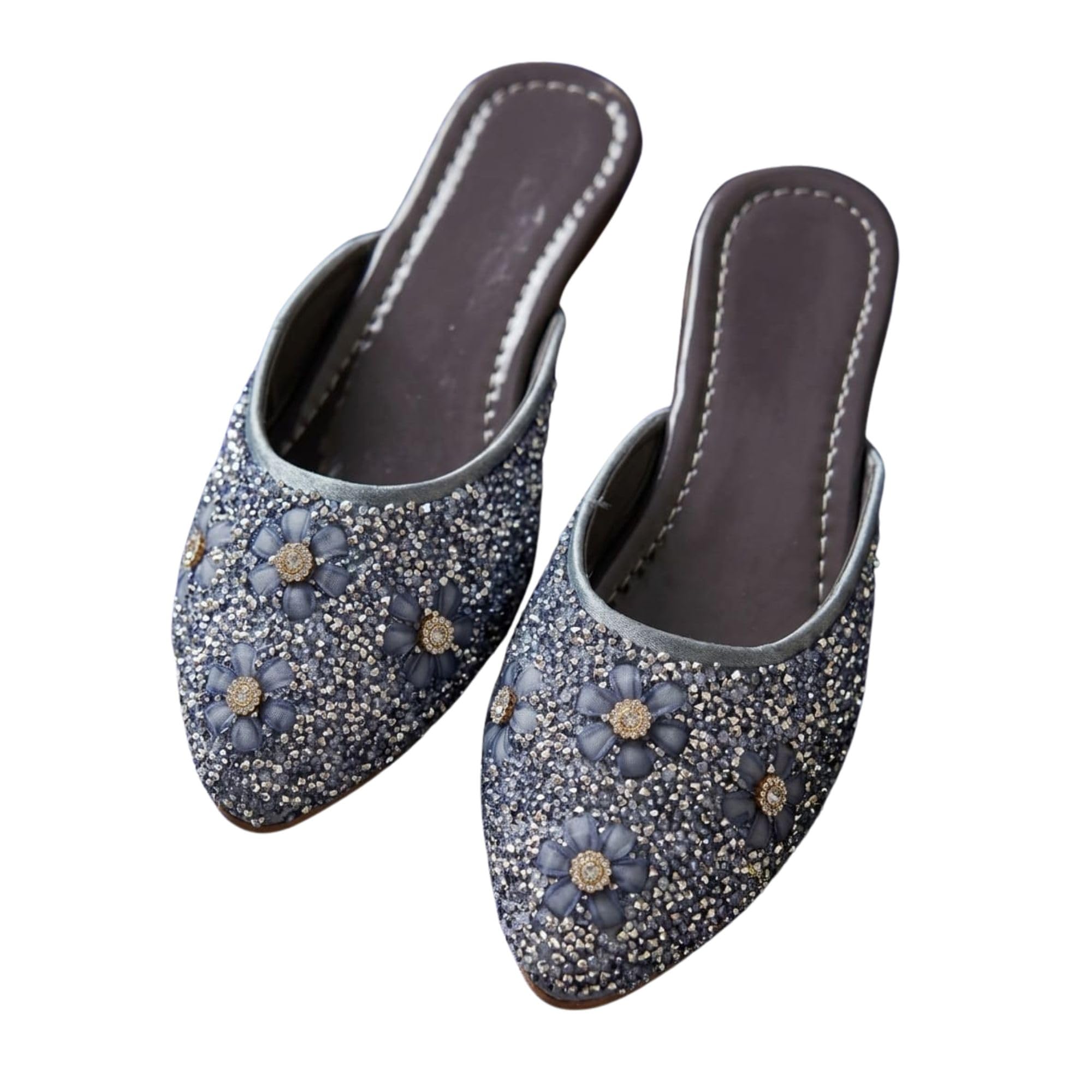 Women's Embellished Mule Flats with Floral Crystal Design | Closed Toe Slip-On Jutti Style Footwear for Women | Navy Blue & Shiny-image-37