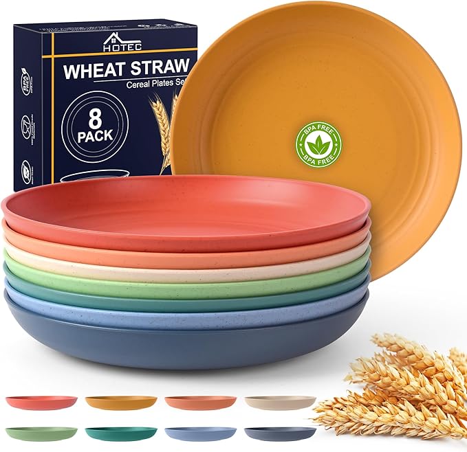 HOTEC 8-Pack 8inch BPA Free Unbreakable Deep Plastic Plates, Wheat