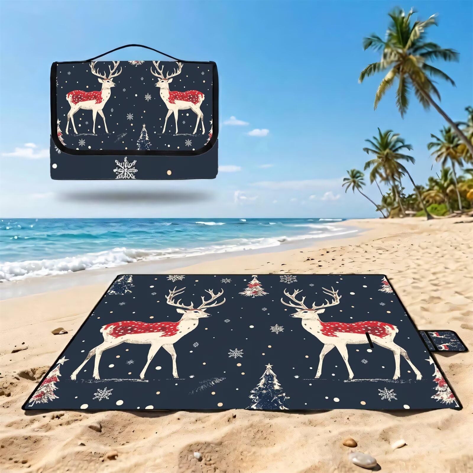 Coperta de Picnic Grande 200x200 cm, Natale Manta Picnic Impermeable Anti-Sabbia Manta de Playa Pieghevole, Outdoor Picnic Blanket per Spiaggia, Camping, Giardino, Trekking - cervo FZ-212
