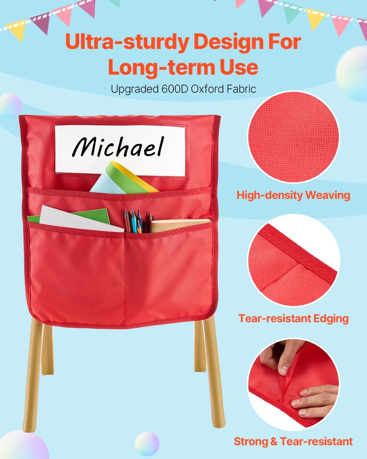 VEVOR Chair Pockets for Classroom, 12 Pack, 17 x 19 Inches Chairback Buddy Pocket with Name Tag, 6 Bright Colors, Back of Chair Organizer for Kids in Classroom, Kindergarten, School, and Home