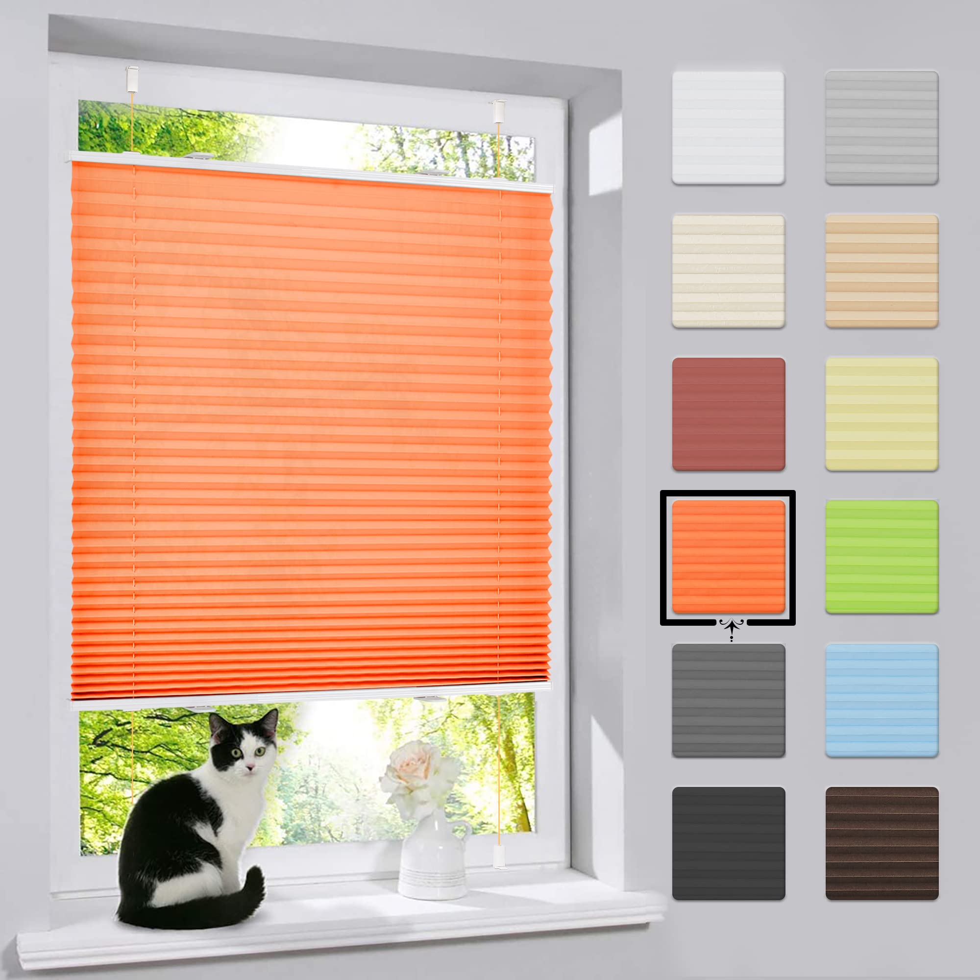 bobodeco Plissee ohne Bohren Klemmfix Faltrollo Jalousie Orange 45x130cm (BxH), Plisseerollo Sichtschutz und Sonnenschutz Blickdicht Easyfix lichtdurchlässig Rollo für Fenster & Tür