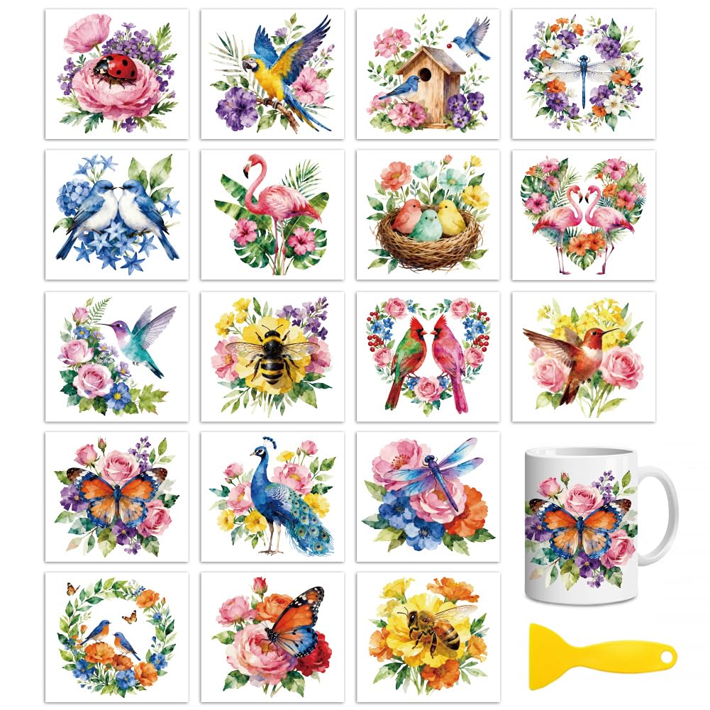Peacoblue 18 Sheets Rub On Transfers for Crafts, Birds and Flowers 3.6"x3.9" UV DTF Cup Wrap Waterproof Cold Transfers Stickers for Wood Glass Cup Tumblers Mirrors Mugs Home Decor