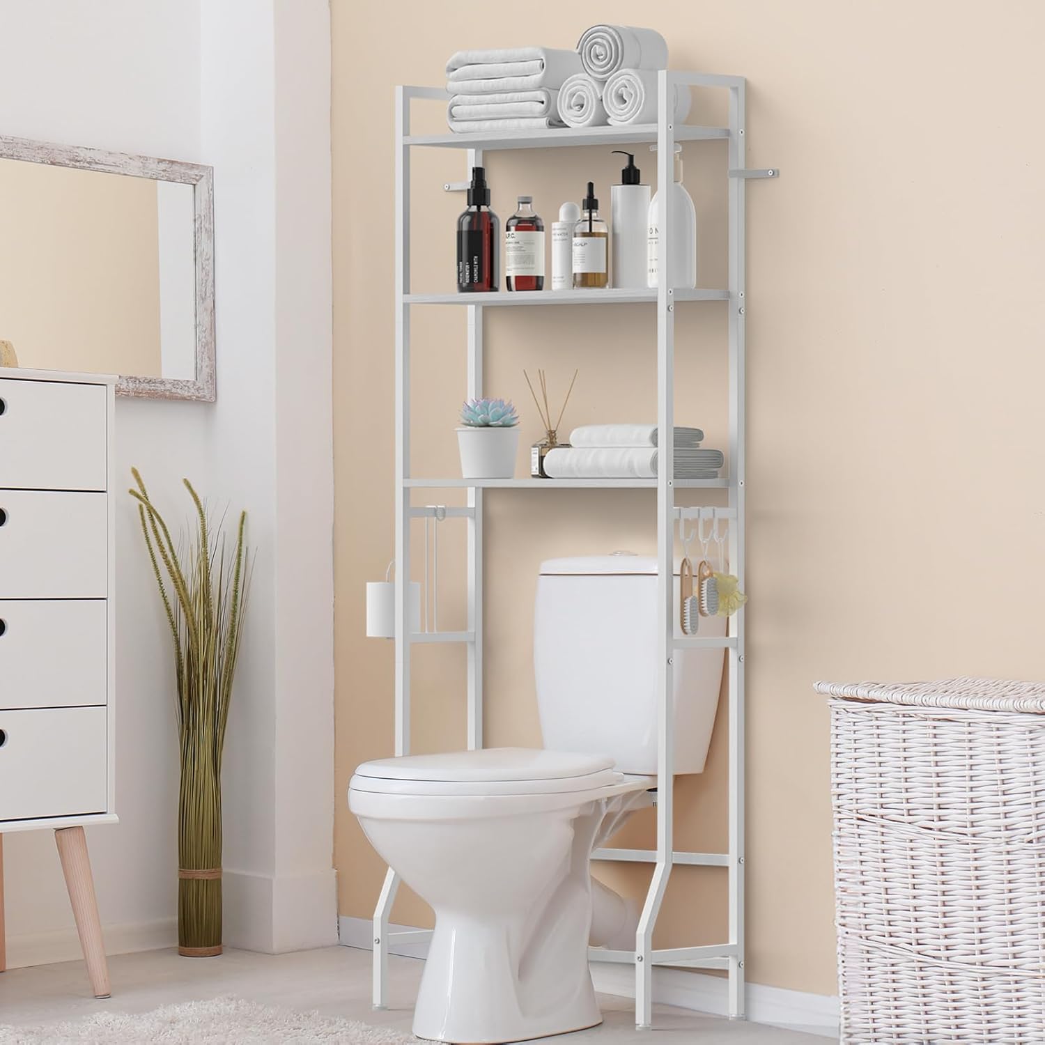 Over Toilet Storage 3-Tier Bathroom Shelf Organizer Multifunctional Above Toilet Storage Rack Freestanding Space Saver Behind the Toilet Shelf White Toilet Stand with Hooks and Toilet Paper Holder