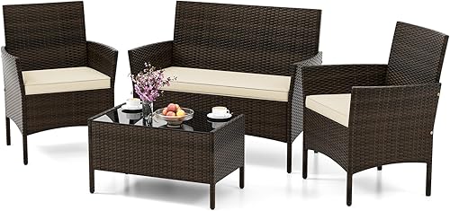 HAPPYGRILL Juego de 4 muebles de mimbre para exteriores, juego de muebles de mimbre para patio con sillas de dos plazas y mesa de café de vidrio