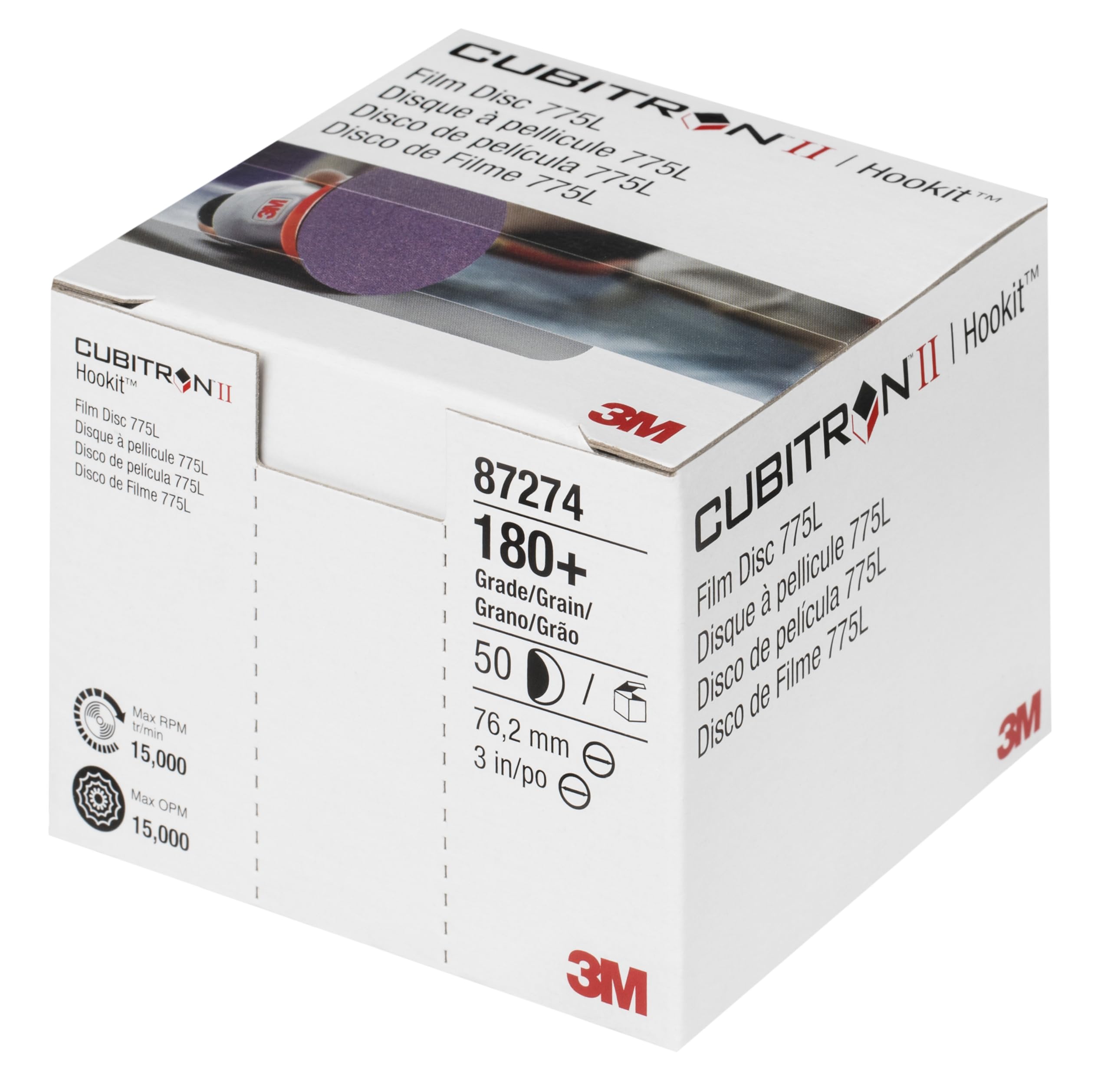 3M Cubitron II Hookit Disco de Film 775L, 76 mm, Sin Agujeros | 180+ 50 discos/caja