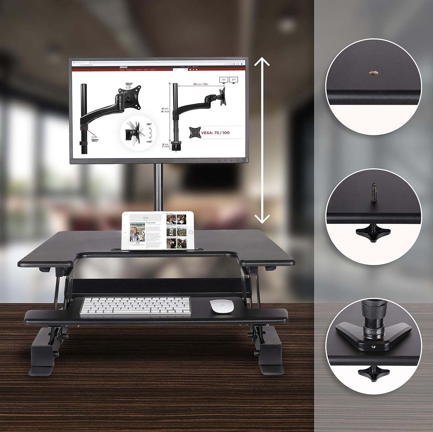 Duronic DM05D18 BK Scrivania Ergonomica Regolabile 15–42cm 55cm | migliora postura, riduce affaticamento di schiena e collo, supporta laptop e monitor singolo, per ufficio e smart working