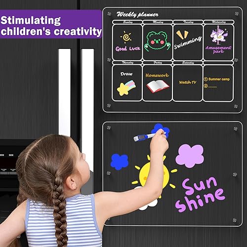 Miniatura 3 de Calendario magnético de borrado en seco para refrigerador, juego de 2 calendarios semanales magnéticos acrílicos transparentes para refrigerador,